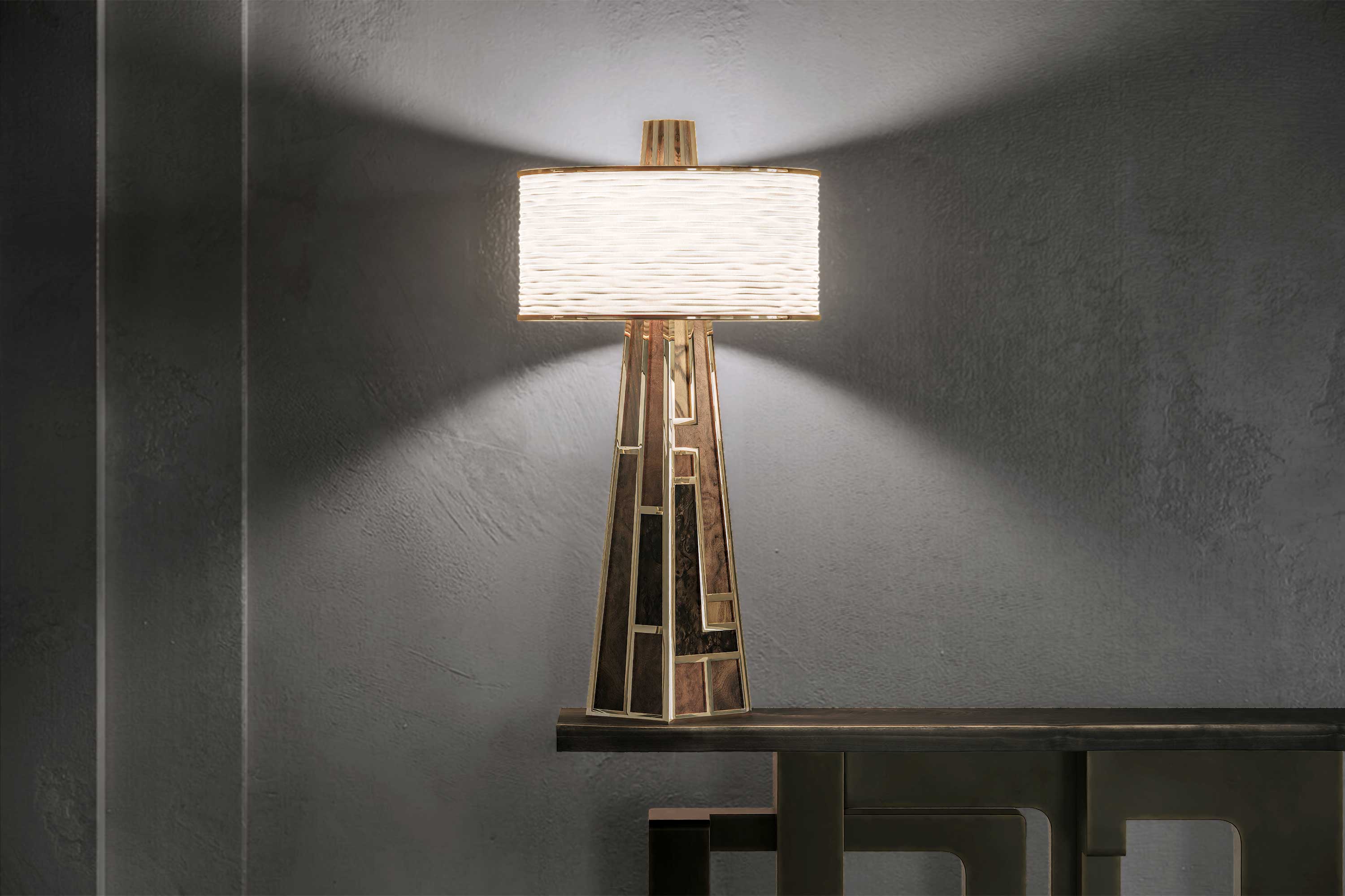 Emerald Table Lamp in bronze with fabric drum shade, sculptural luxury table lamp staged in a bright contemporary interior with floor-to-ceiling windows — Palena Studio