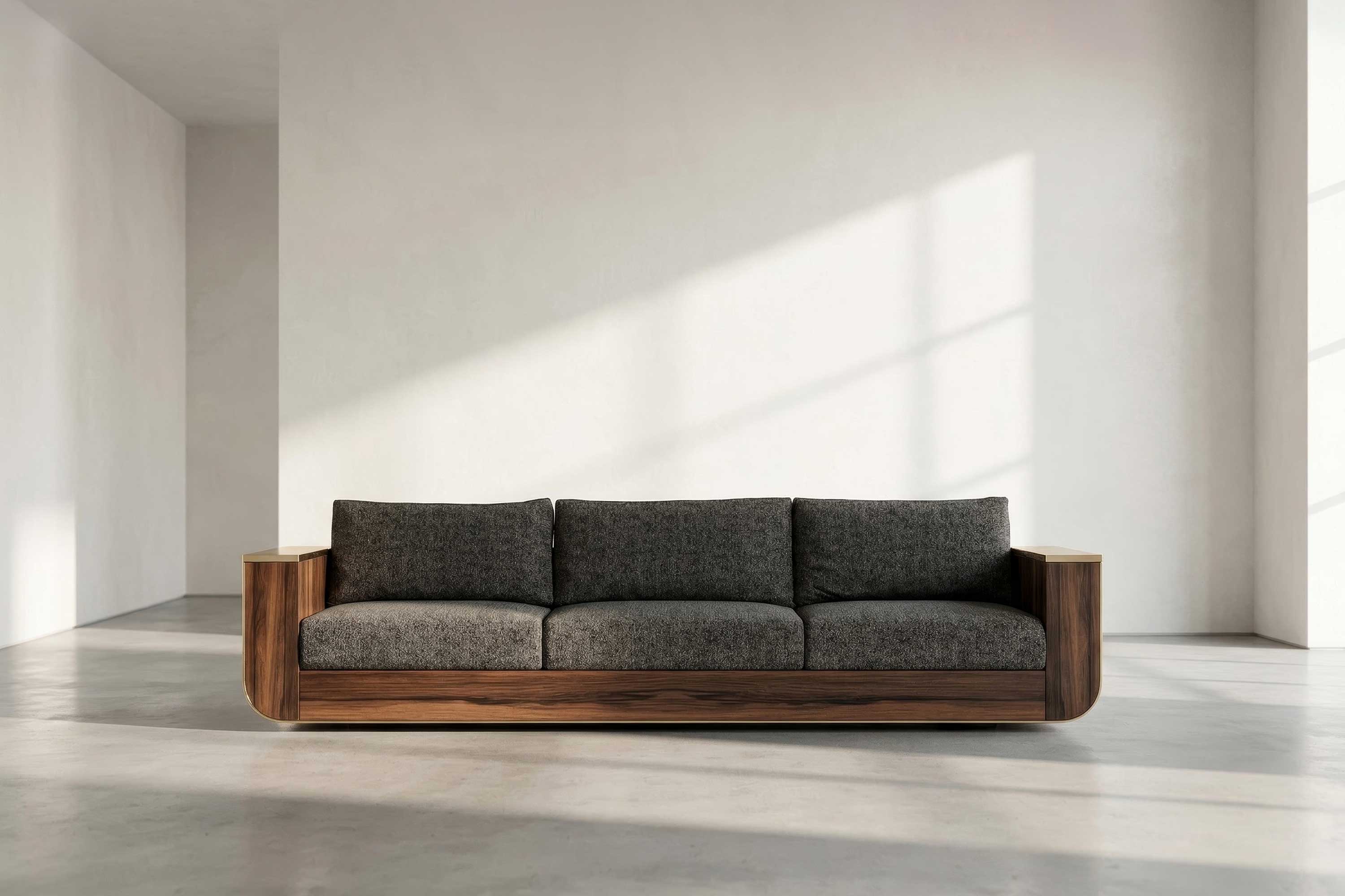 Forte Sofa in walnut frame with neutral upholstery, sculptural luxury sofa staged in a dark editorial interior with deep shadow corridor — Palena Studio