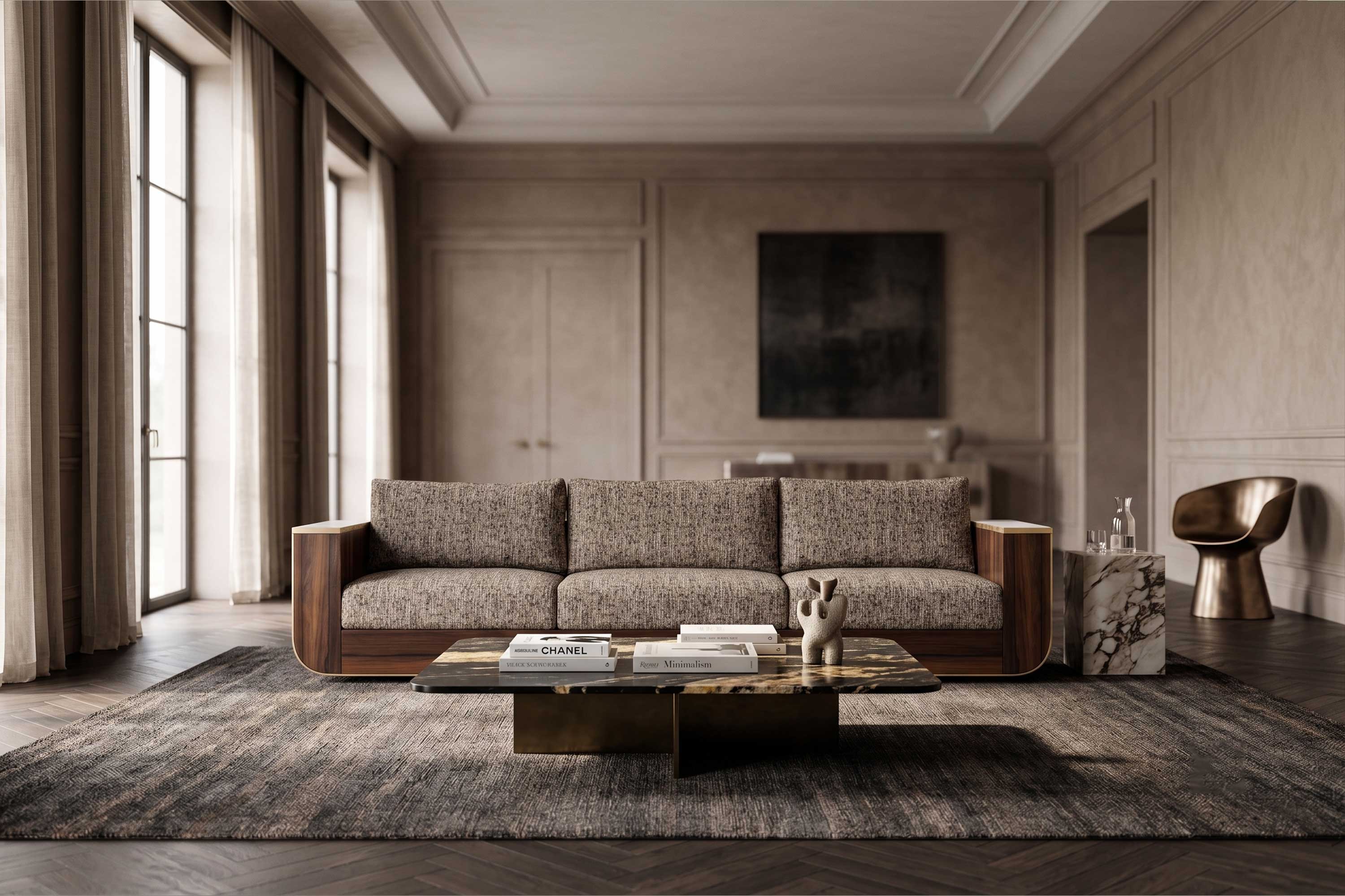 Forte Sofa in walnut frame with light upholstery, sculptural luxury sofa staged in a bright minimal living room with dark artwork — Palena Studio