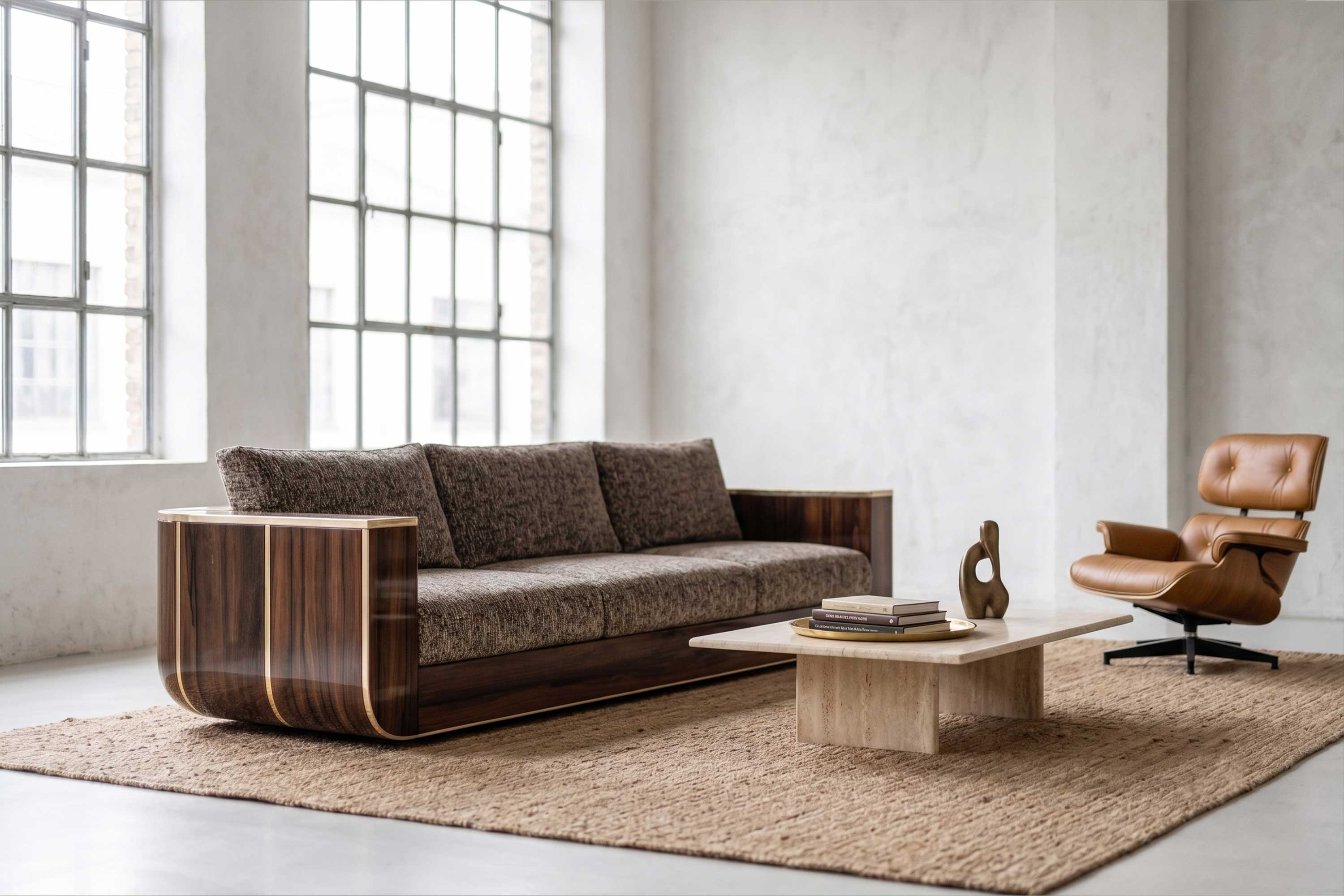 Forte Sofa in walnut frame with neutral upholstery, sculptural luxury sofa staged in a refined warm contemporary interior — Palena Studio