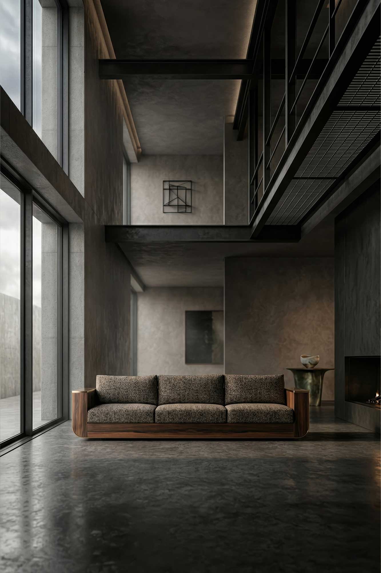 Forte Sofa in walnut frame with neutral upholstery, sculptural luxury sofa staged in a refined dark industrial interior — Palena Studio