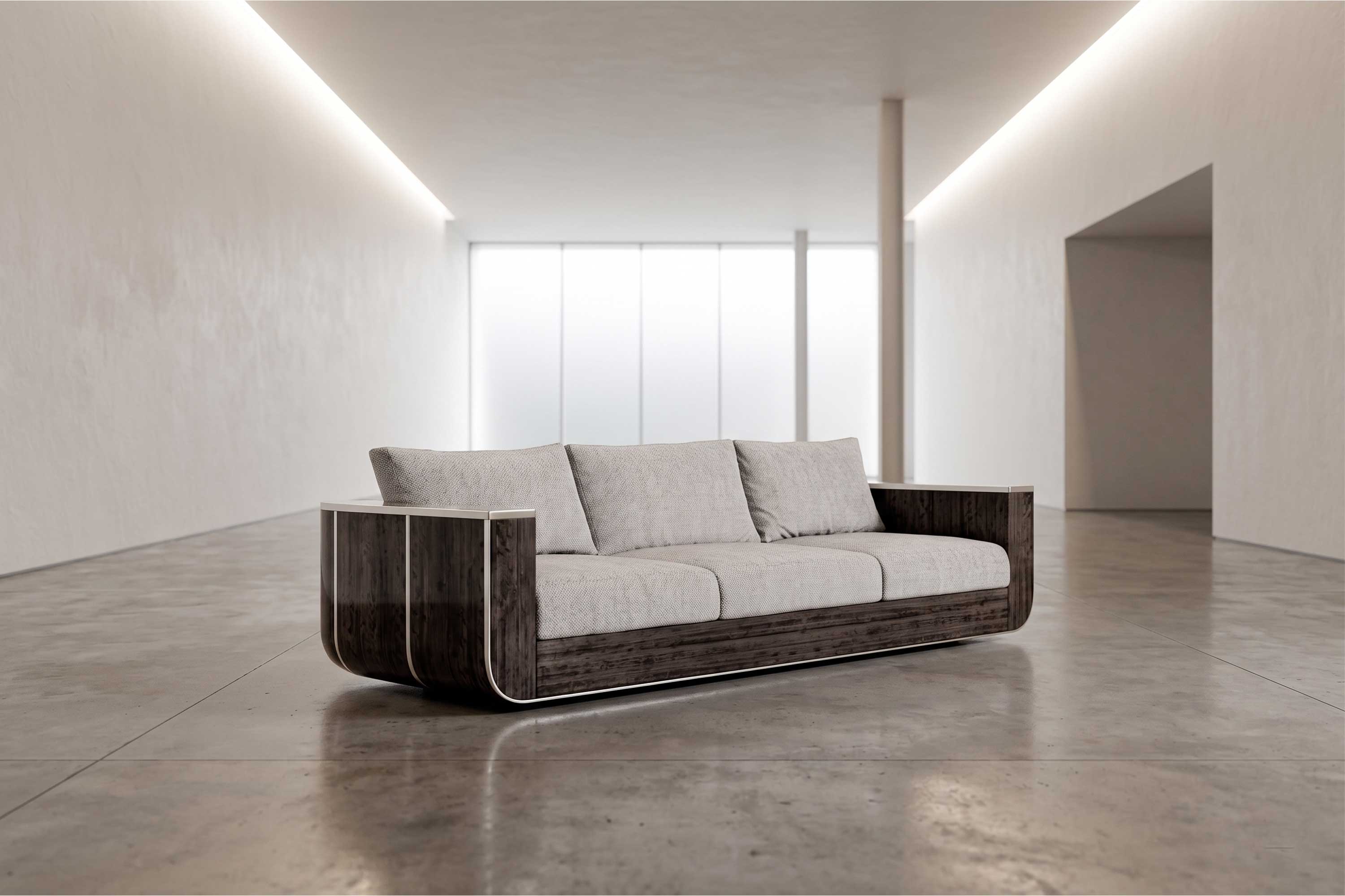 A modern sofa with wood frame and light gray cushions sits in the center of a spacious, minimalist room with large windows, polished concrete floors, and white walls. Bespoke furniture elements add a tailored touch to the environment.