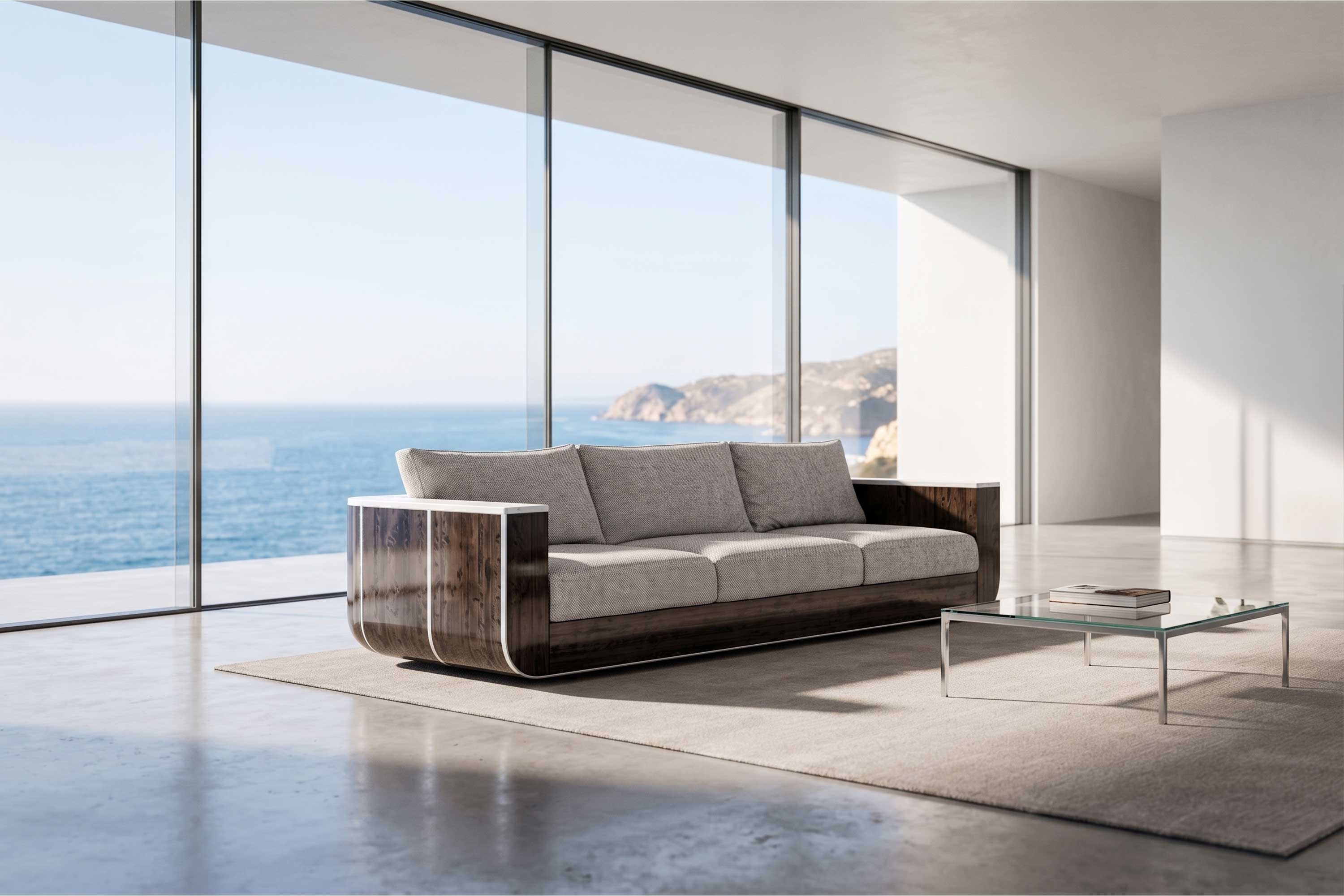 Modern living room with a gray sofa featuring bespoke wooden sides, a Murano glass coffee table, a large window with an ocean view, and a potted plant in the corner on a light-colored rug.