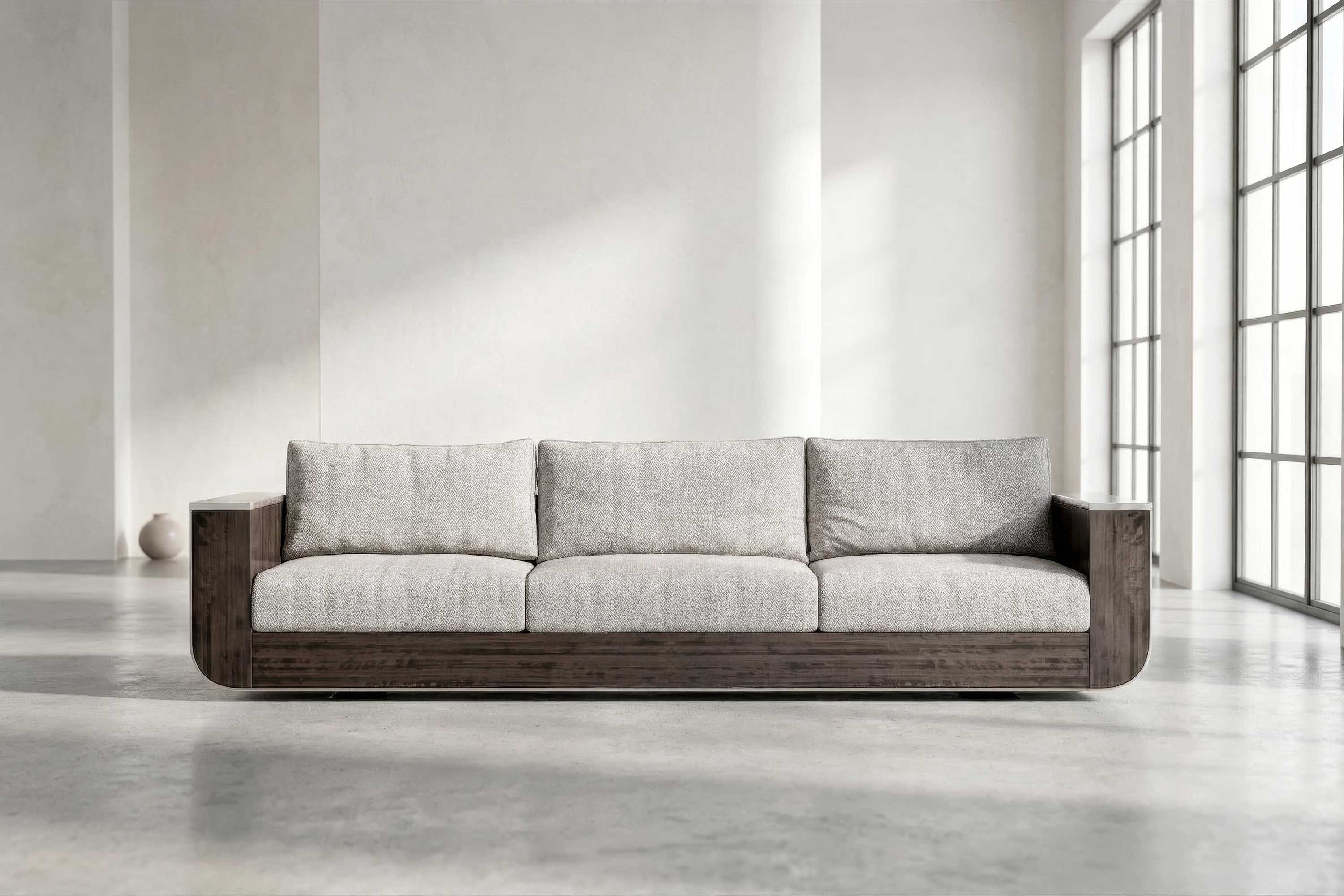 Forte Sofa in eucalyptus veneer with light upholstery, sculptural luxury sofa staged in a bright classical interior with ornate fireplace — Palena Studio