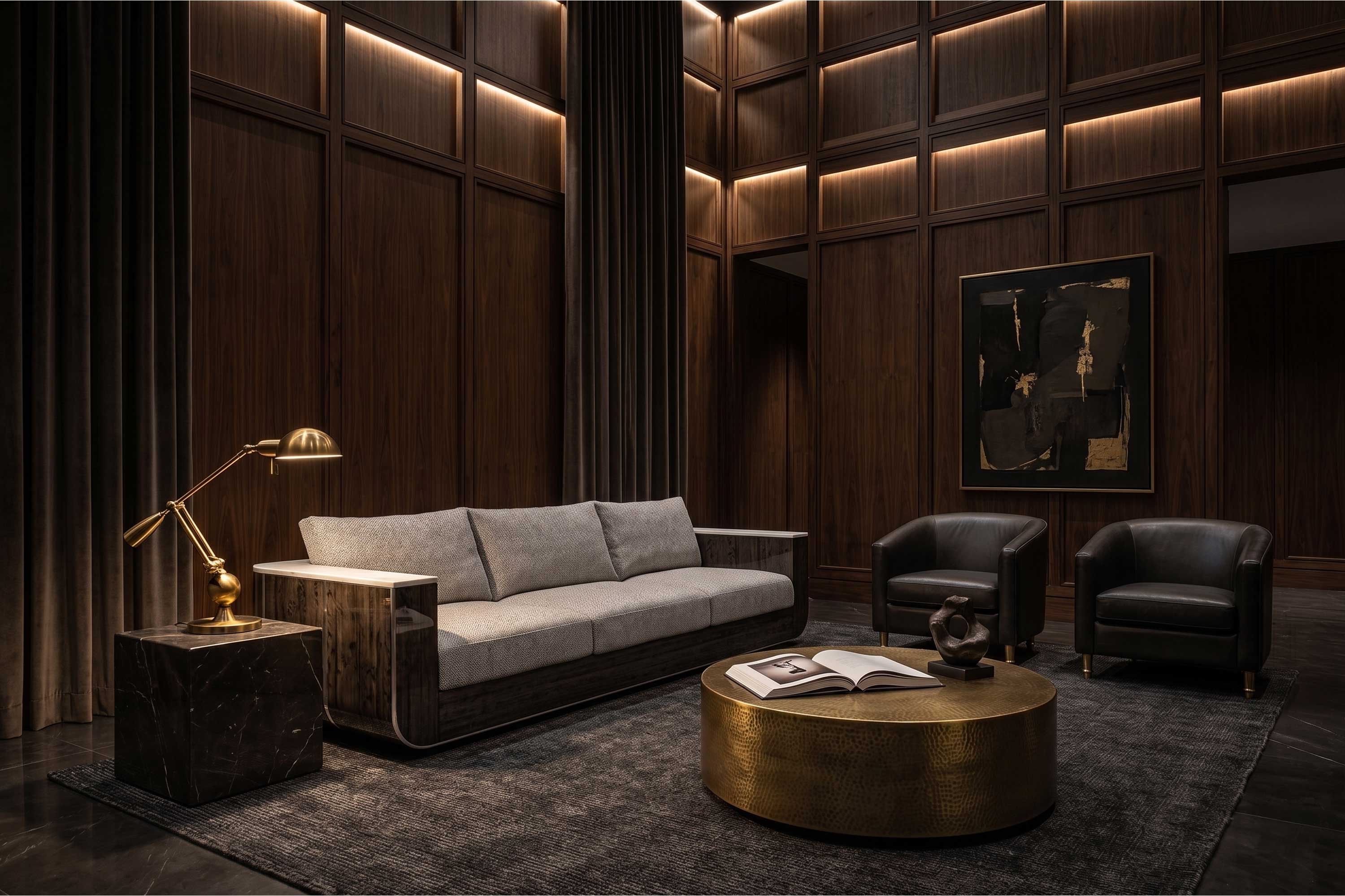 Forte Sofa in eucalyptus veneer with neutral upholstery, sculptural luxury sofa staged in a bright open contemporary living space — Palena Studio