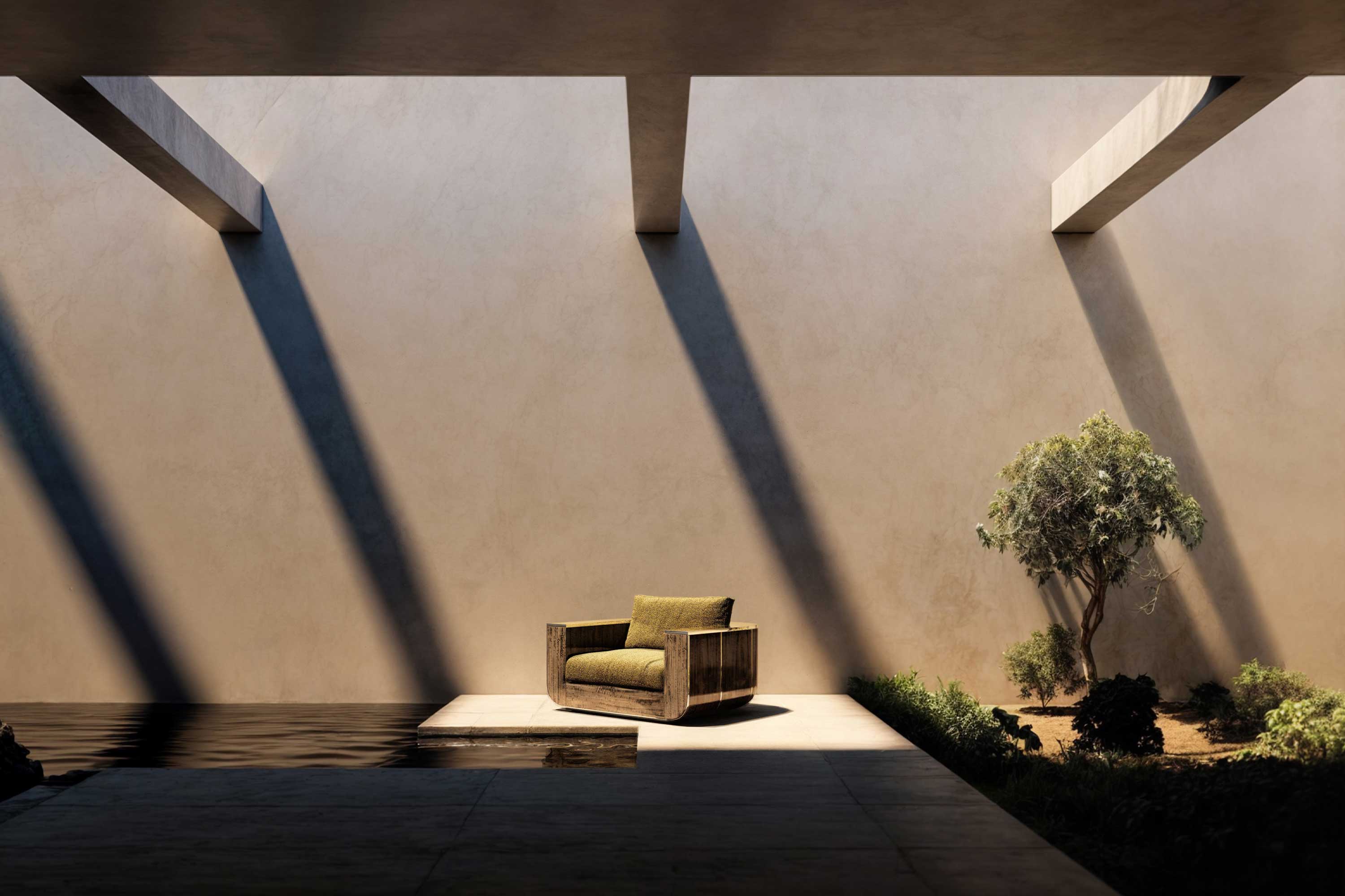 Forte Lounge Chair, sculptural luxury lounge chair staged in a soft light-filled contemporary interior with sheer curtains — Palena Studio