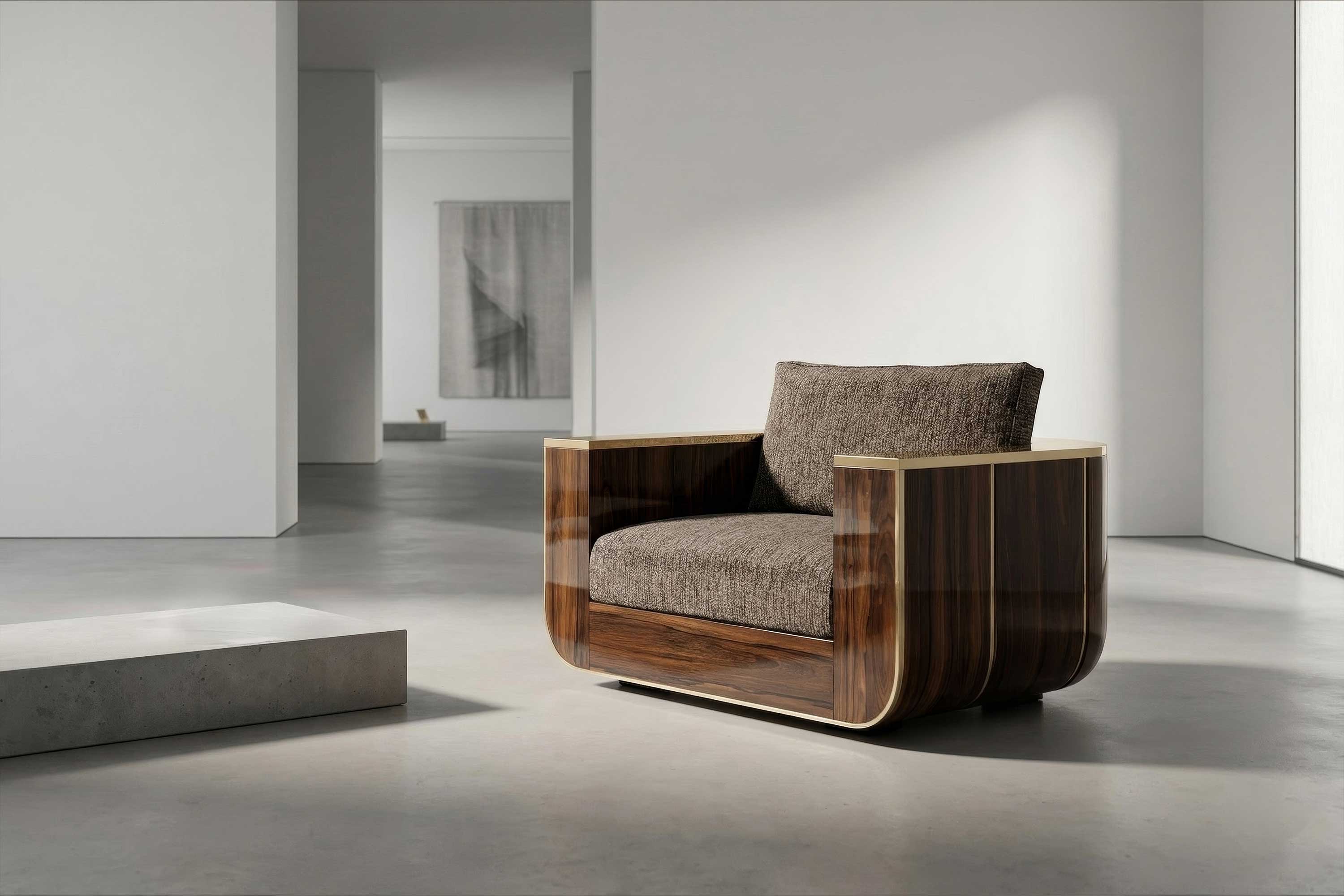 Forte Lounge Chair in warm wood tones, sculptural luxury lounge chair staged in a refined minimal interior — Palena Studio