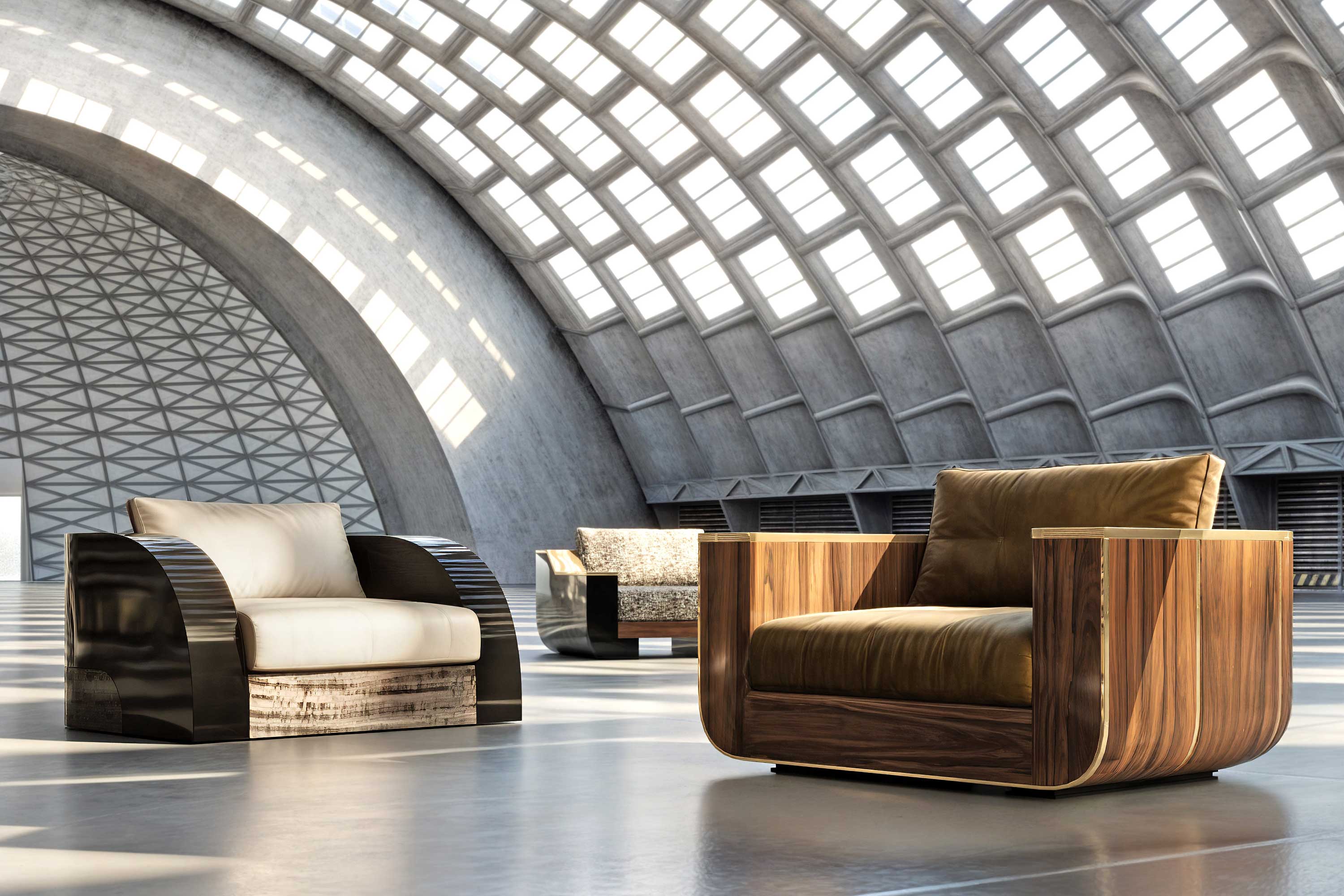 Forte Lounge Chair, sculptural lounge chair staged in a dramatic arched contemporary interior with sculptural ceiling — Palena Studio
