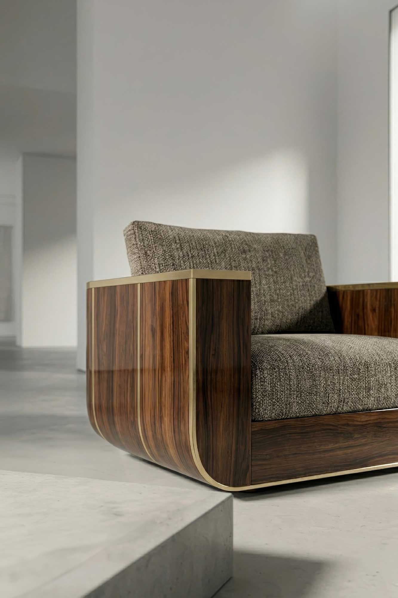 Forte Lounge Chair in warm wood and upholstery, sculptural lounge chair staged against a textured neutral wall — Palena Studio
