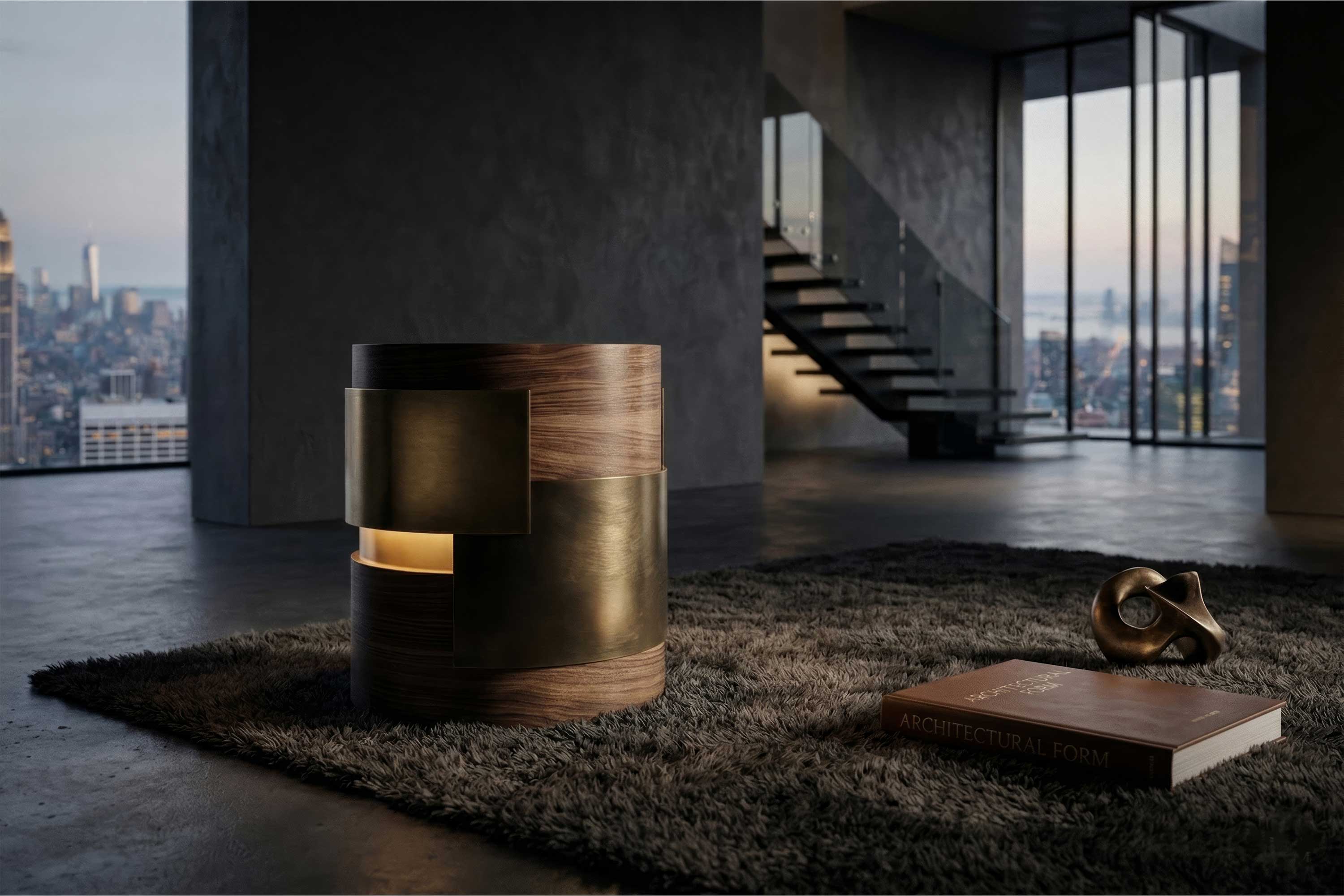 Fragmin Side Table in bronze, sculptural luxury side table staged in a refined contemporary interior with staircase backdrop — Palena Studio