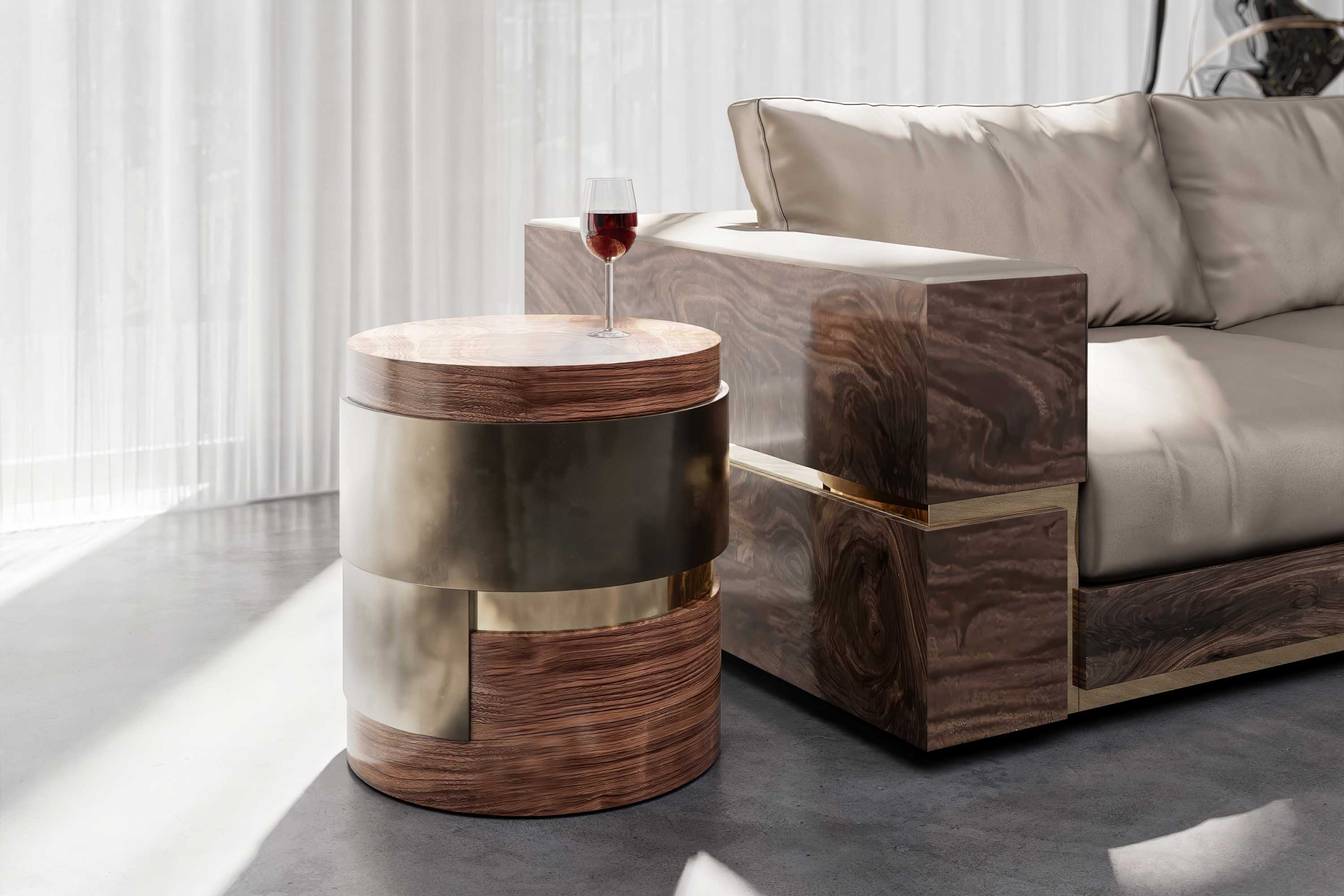 Fragmin Side Table in bronze, sculptural luxury side table staged in a warm neutral interior with velvet armchair — Palena Studio