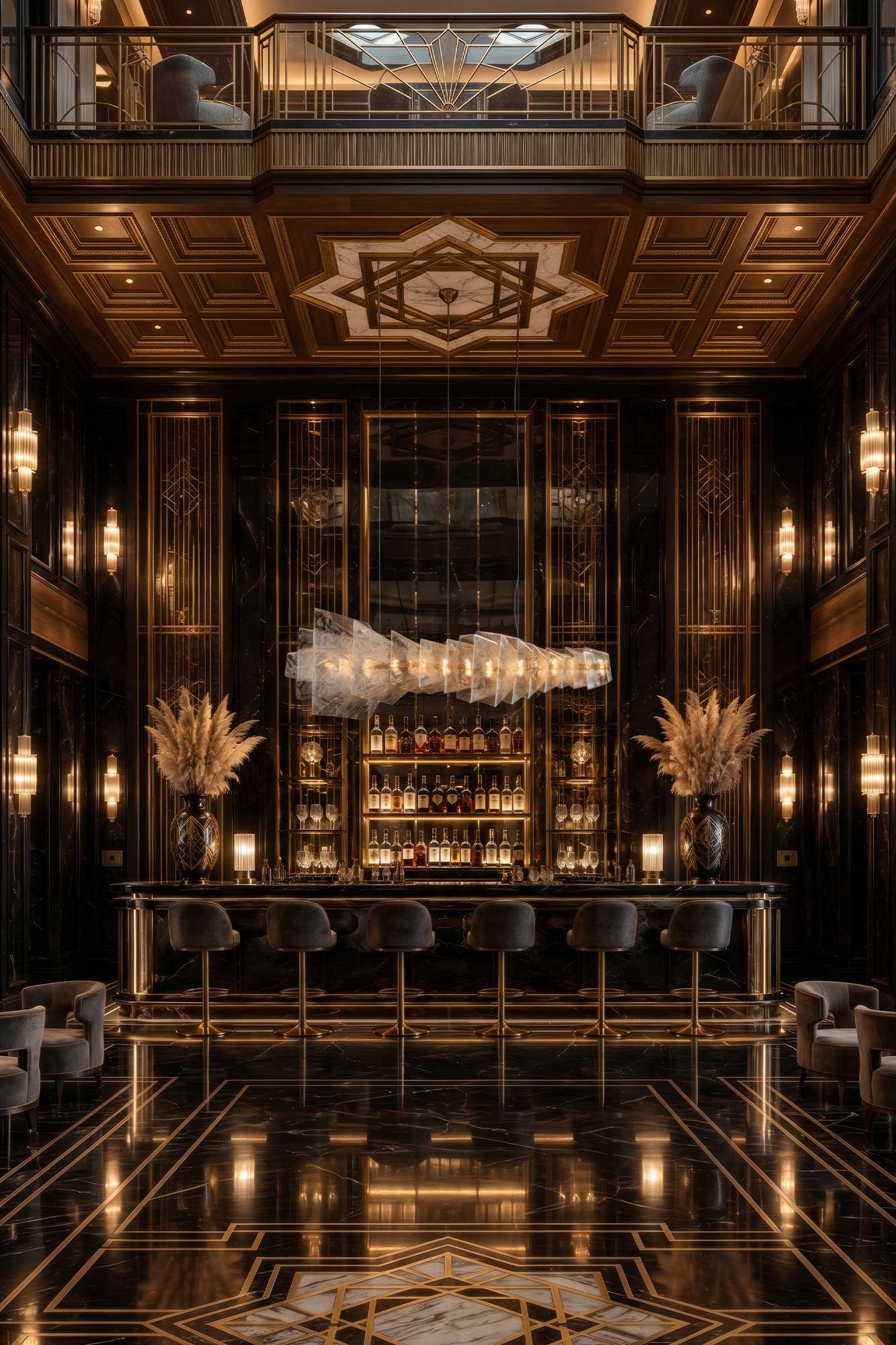 Luxurious hotel bar with art deco design, gold accents, black marble floors, plush bar stools, and shelves of bottles. Ornate lighting and tall ceiling with balcony add to the elegant, sophisticated atmosphere.