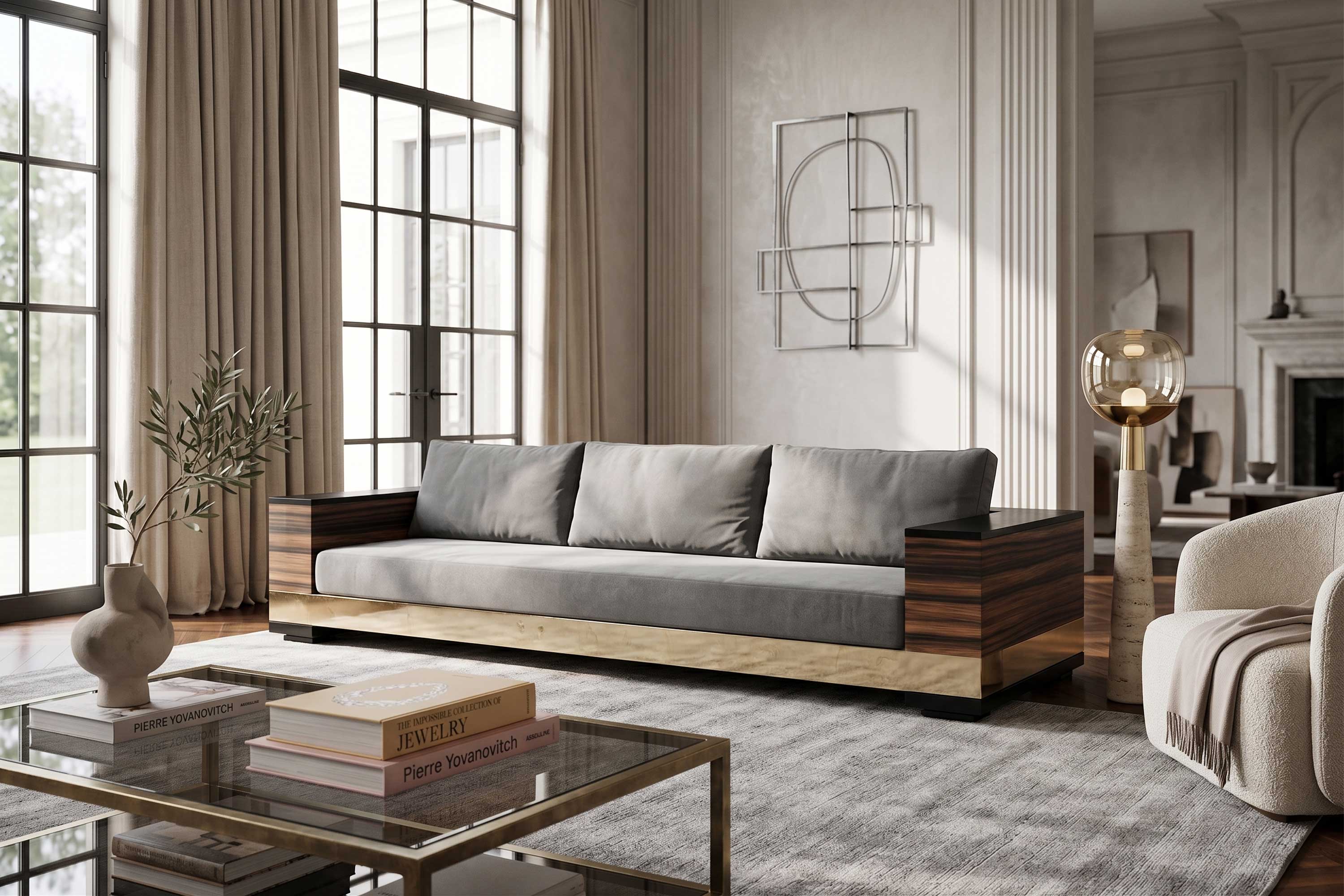 Giuseppe Sofa in taupe upholstery, sculptural luxury sofa staged in a bright minimal interior with abstract line artwork — Palena Studio