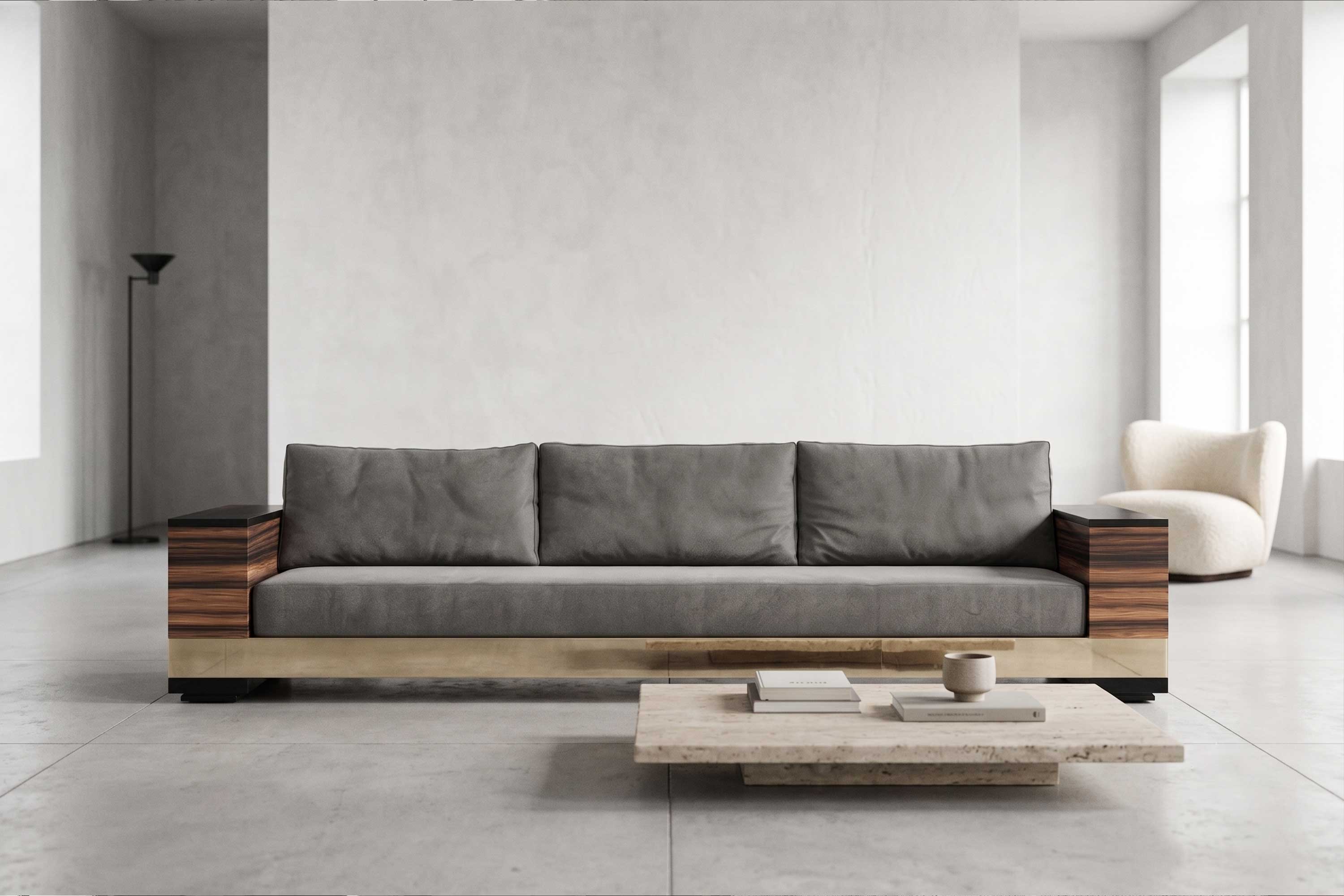 Giuseppe Sofa in neutral upholstery, sculptural luxury sofa staged in a bright minimal contemporary interior with clean white walls — Palena Studio