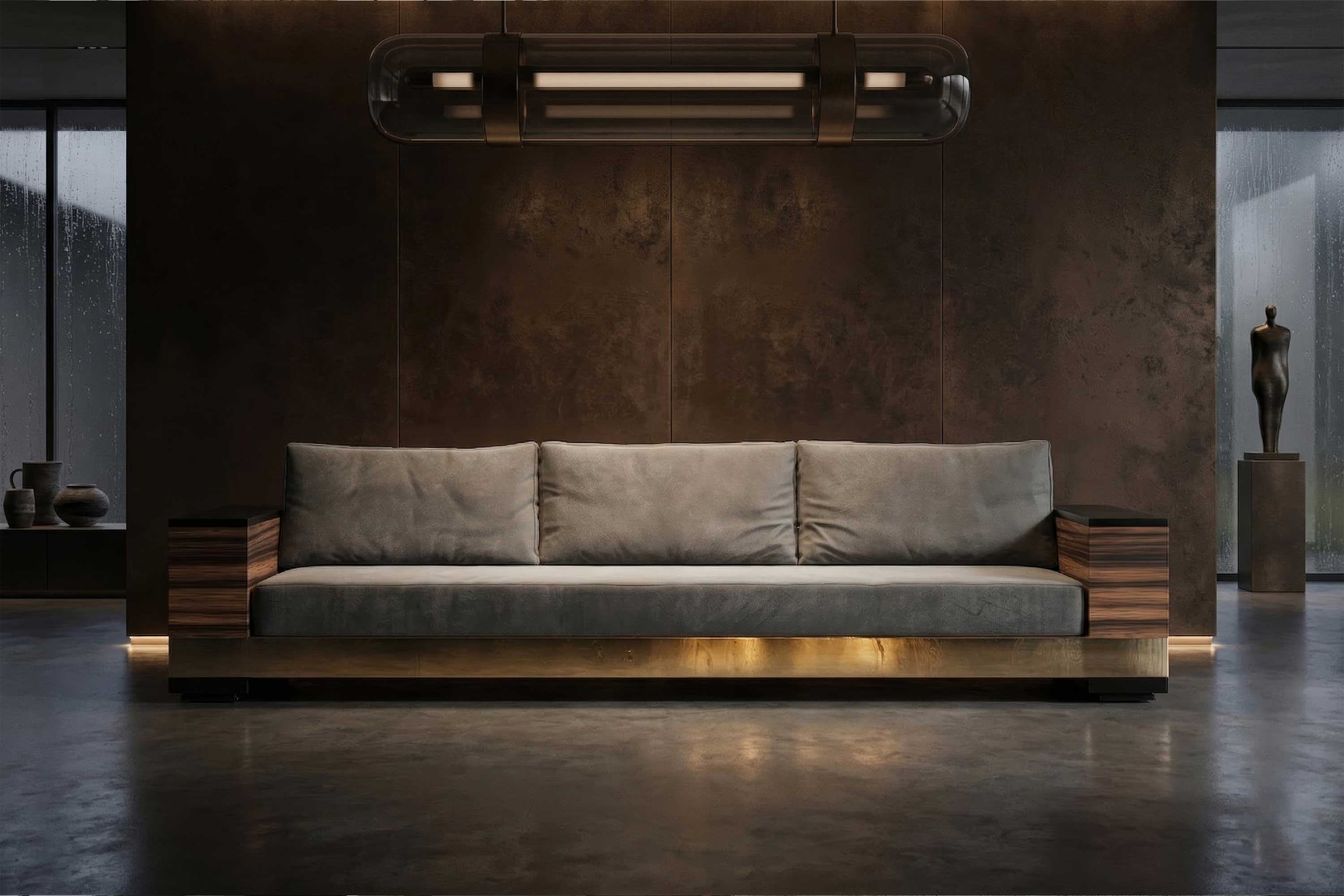 Giuseppe Sofa in taupe upholstery with dark wood frame, sculptural luxury sofa staged in a dark refined contemporary interior — Palena Studio