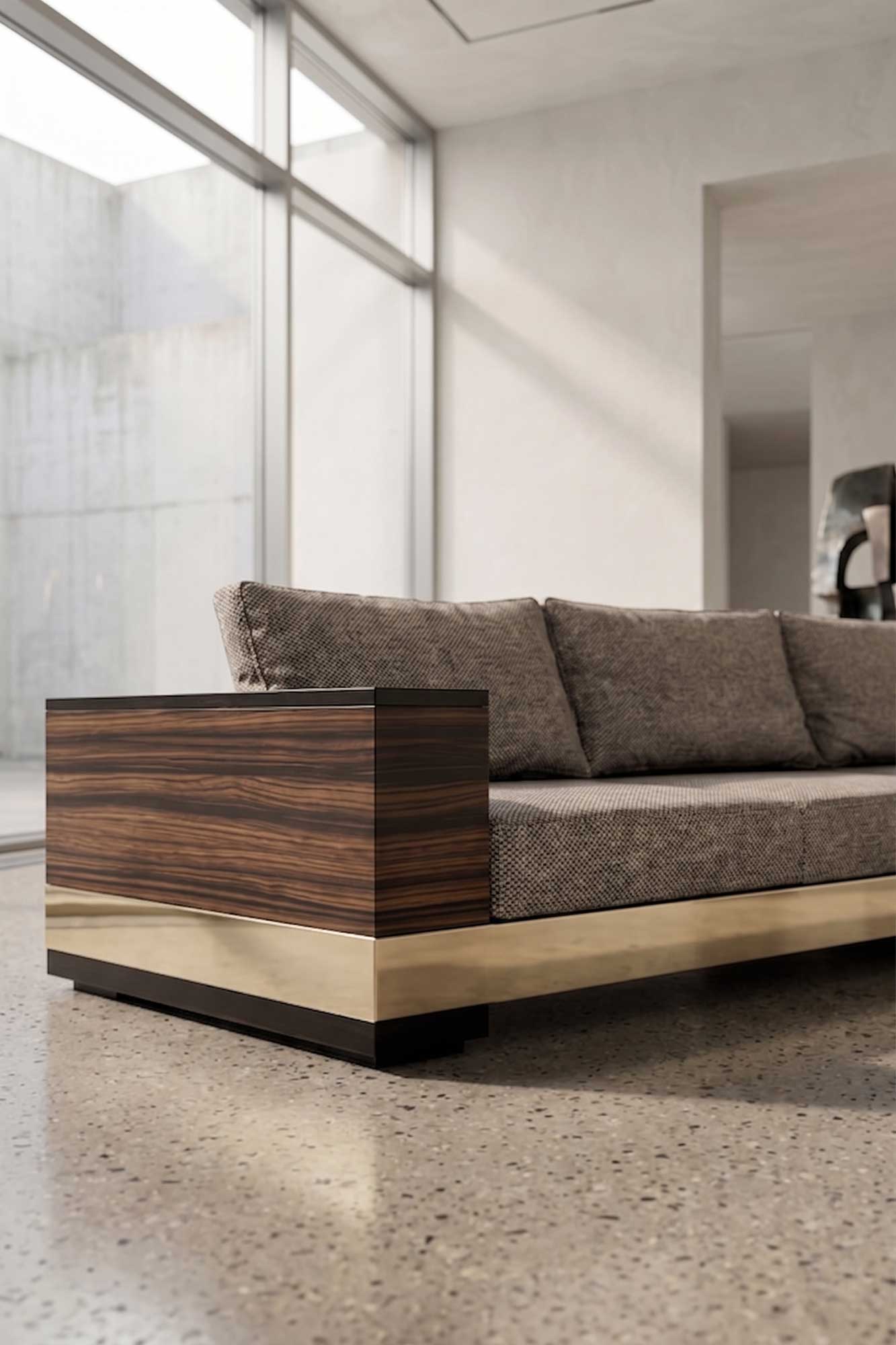 Giuseppe Sofa in neutral upholstery with wood frame, sculptural luxury sofa staged in a refined interior with floor-to-ceiling windows — Palena Studio