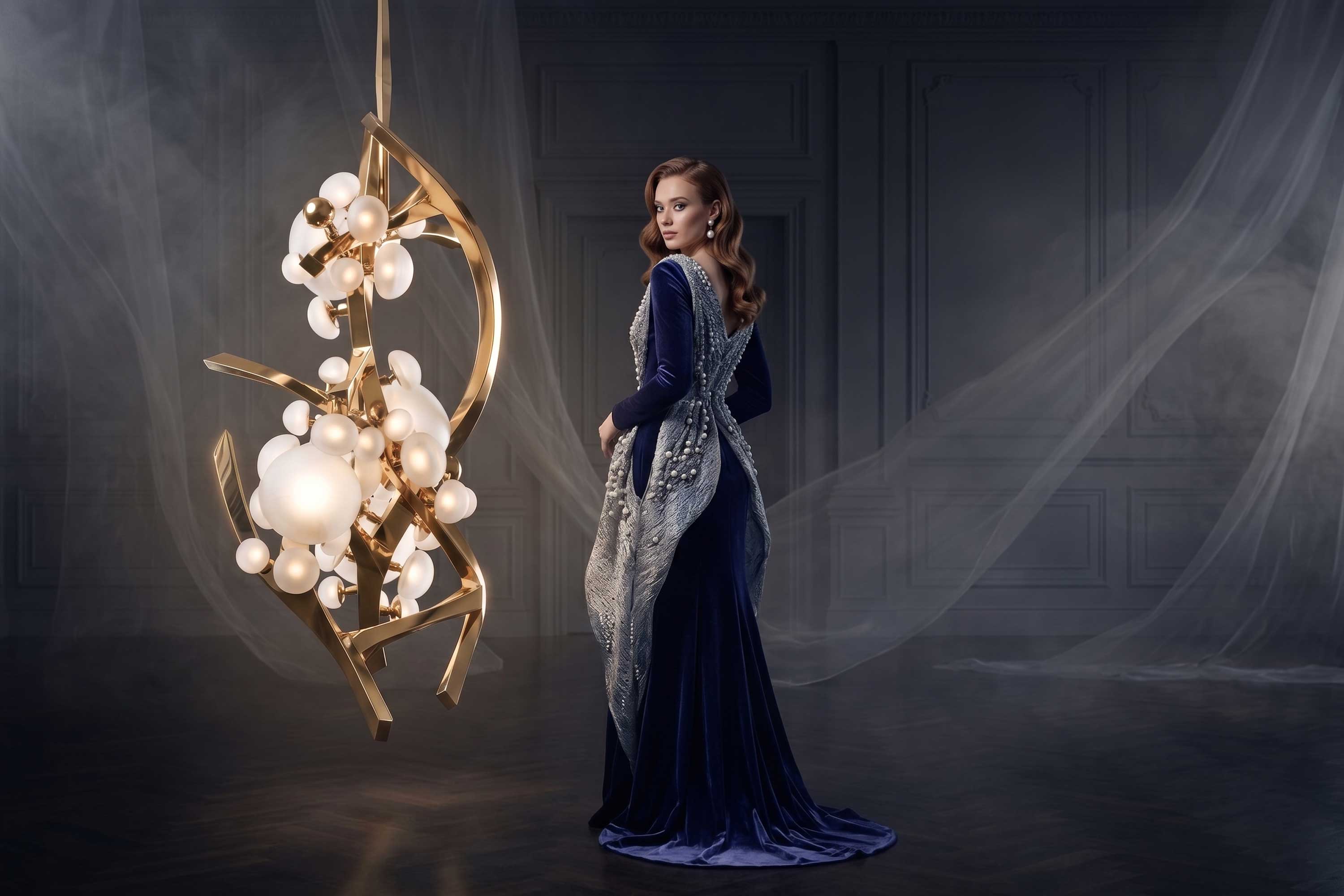 A woman in a dark blue, ornate gown stands beside a modern, abstract gold chandelier with spherical lights in a dim, elegant room with sheer drapes and dark wooden flooring.