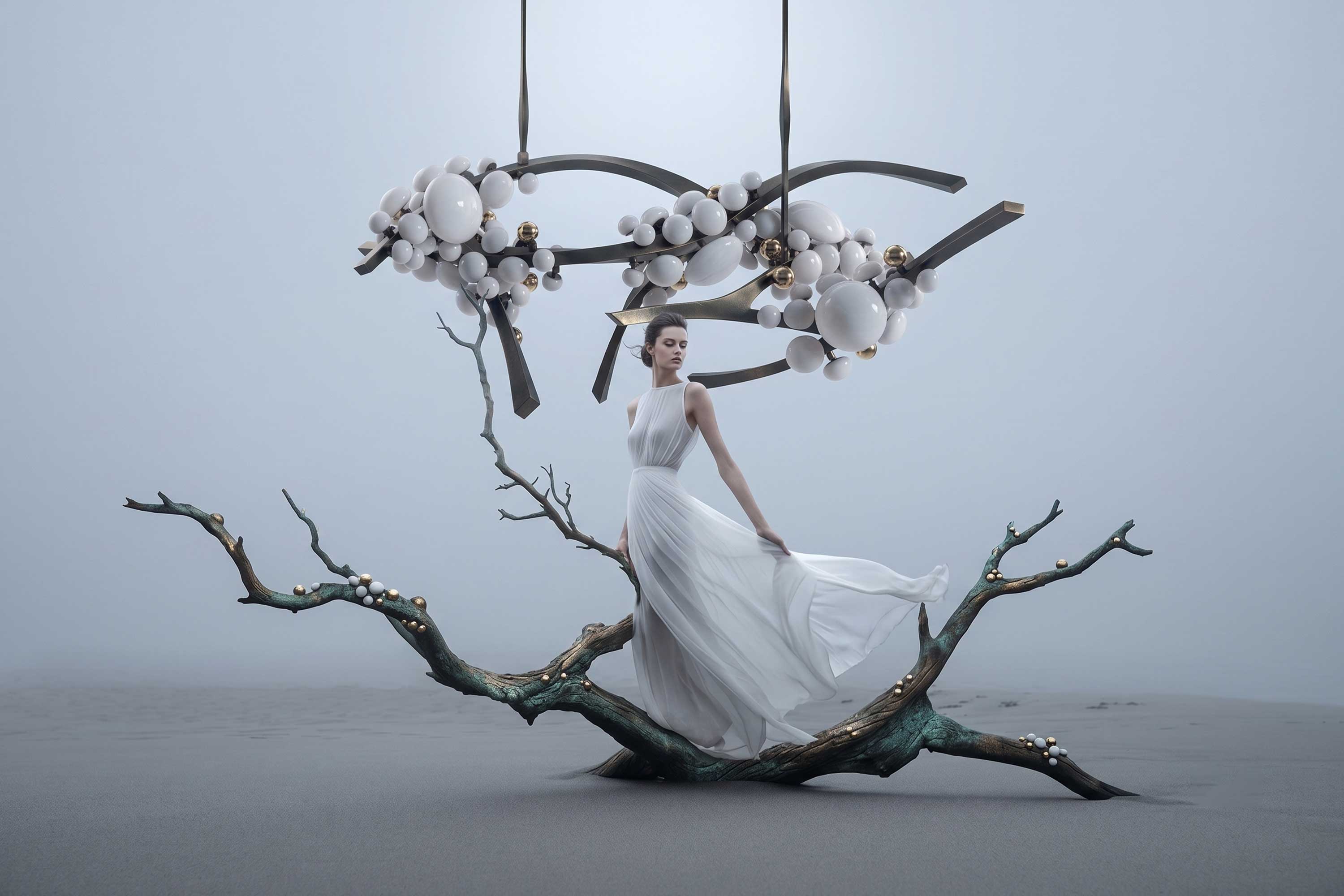 A woman in a flowing white dress stands on a large, twisted branch. Above her hangs a modern chandelier made of round white lights and black rods. The background is a foggy, empty landscape.