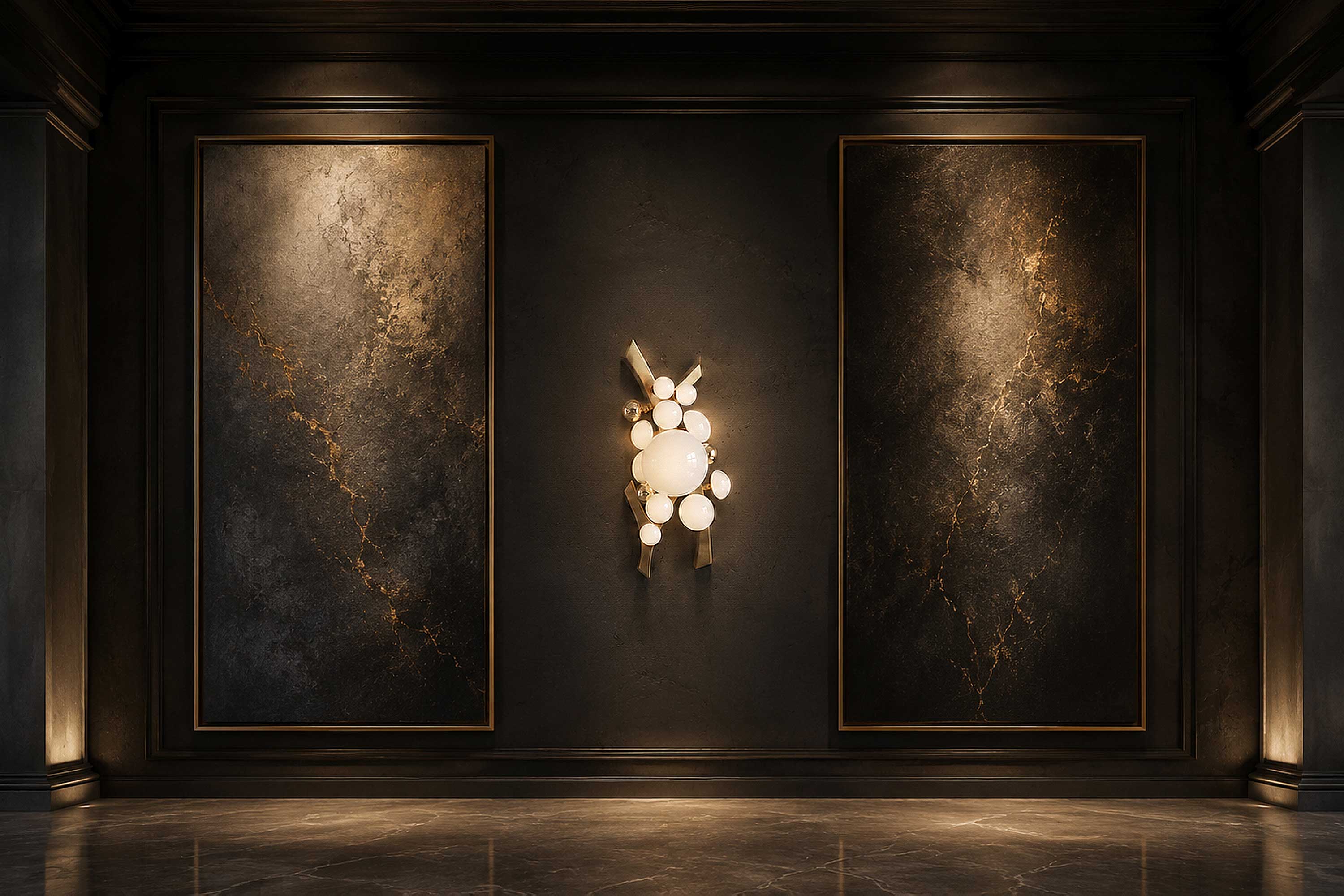 Intima Sconce, sculptural glass sphere cluster wall light staged against a warm dark interior wall — Palena Studio