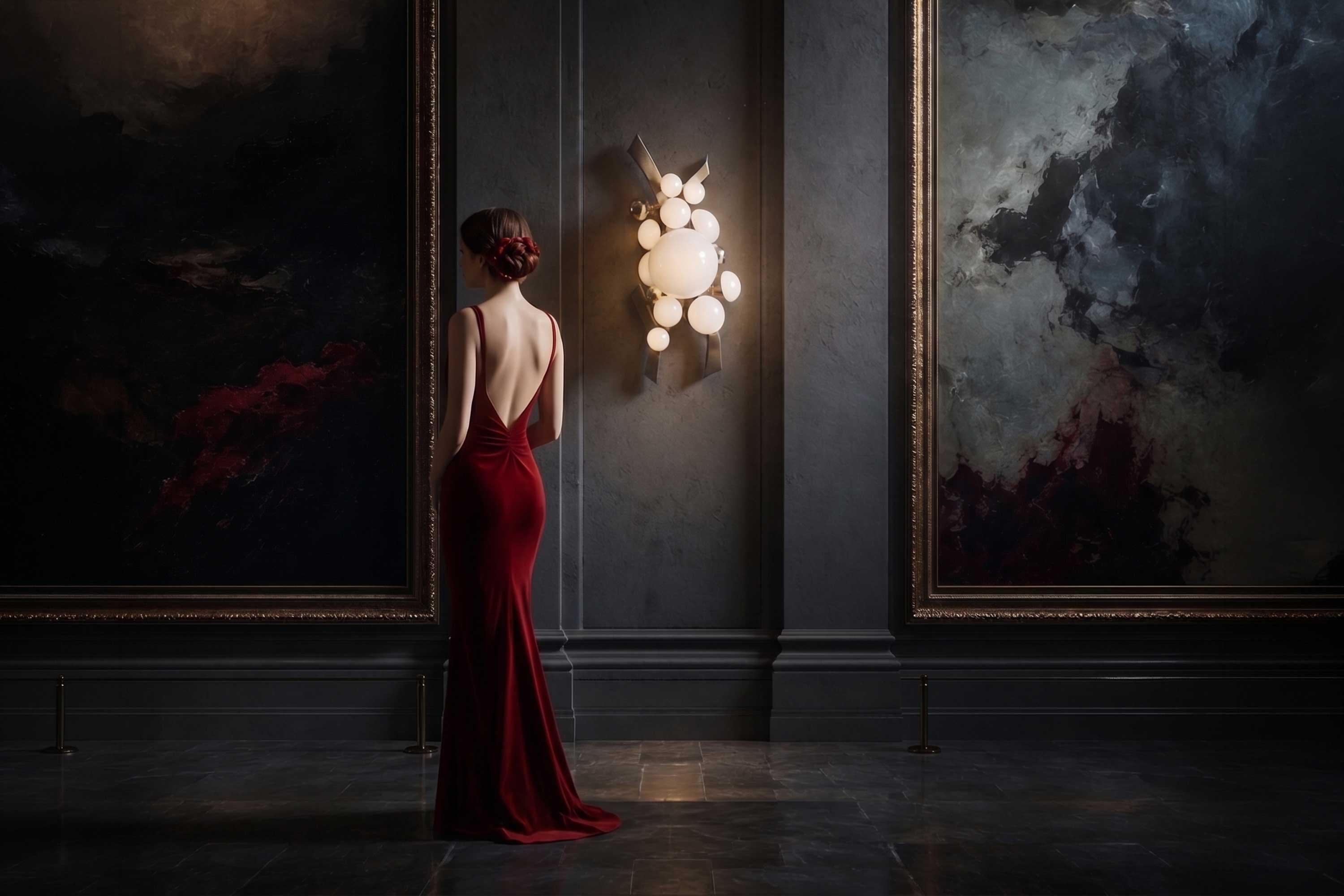A woman in a backless red gown stands facing two large framed abstract paintings in a dimly lit gallery, her back to the camera and a decorative Artdecoo wall light between the paintings.