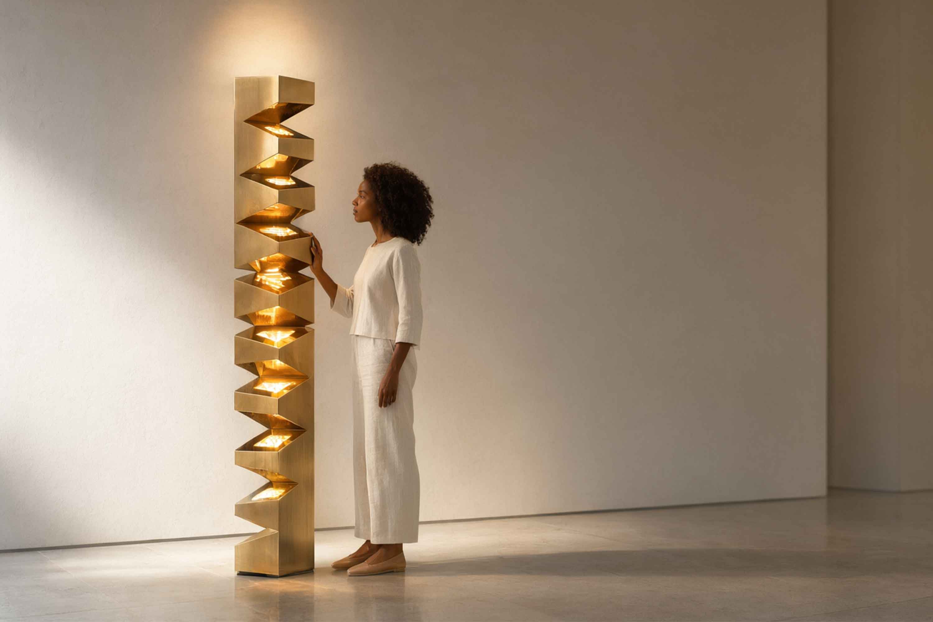 Iziz Floor Lamp in patina bronze, sculptural stacked-form floor lamp staged in a dark moody interior, Palena Studio