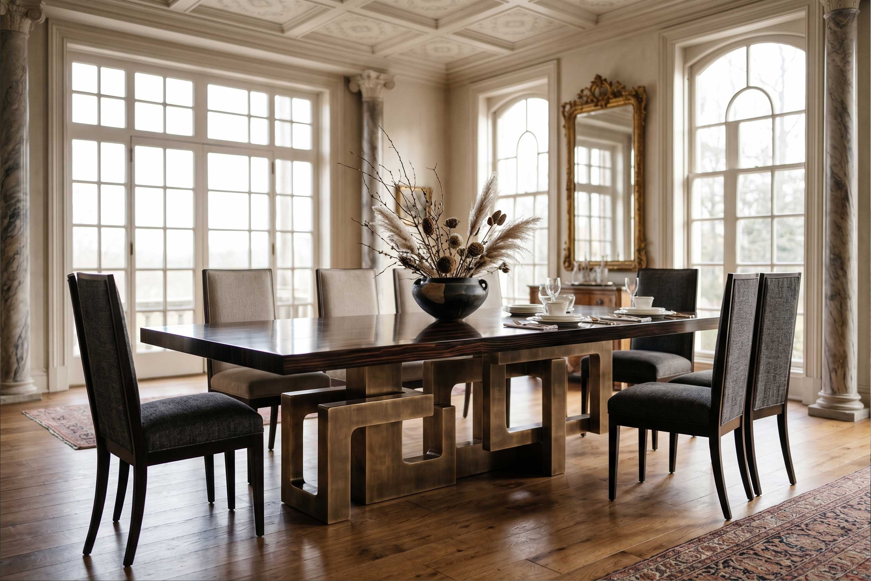 Labirinto Dining Table in patina bronze, sculptural dining table staged in a warm opulent interior with gold chandelier and arched windows — Palena Studio