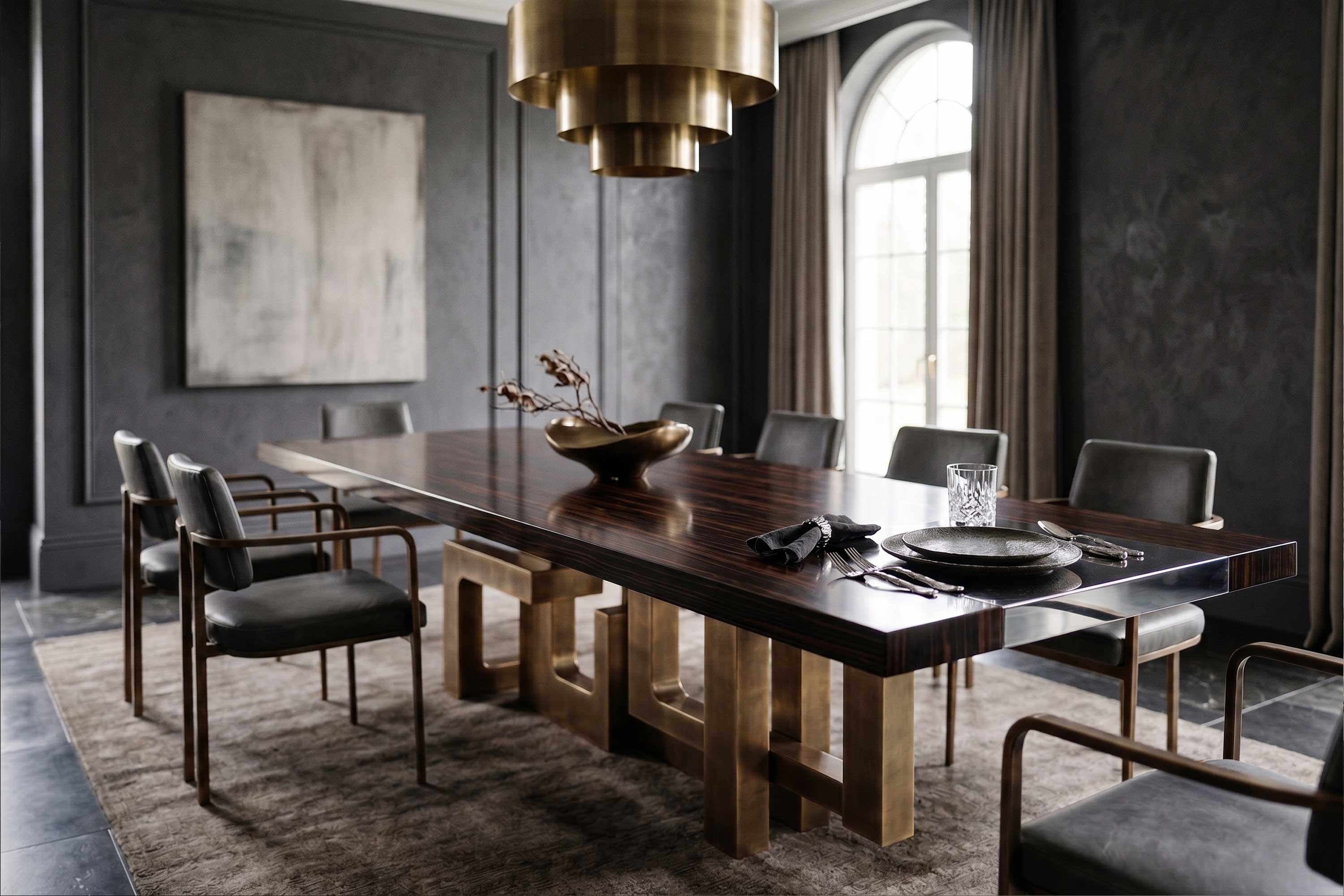 Labirinto Dining Table in patina bronze, sculptural maze-base dining table staged in a grand Parisian-style dining interior — Palena Studio