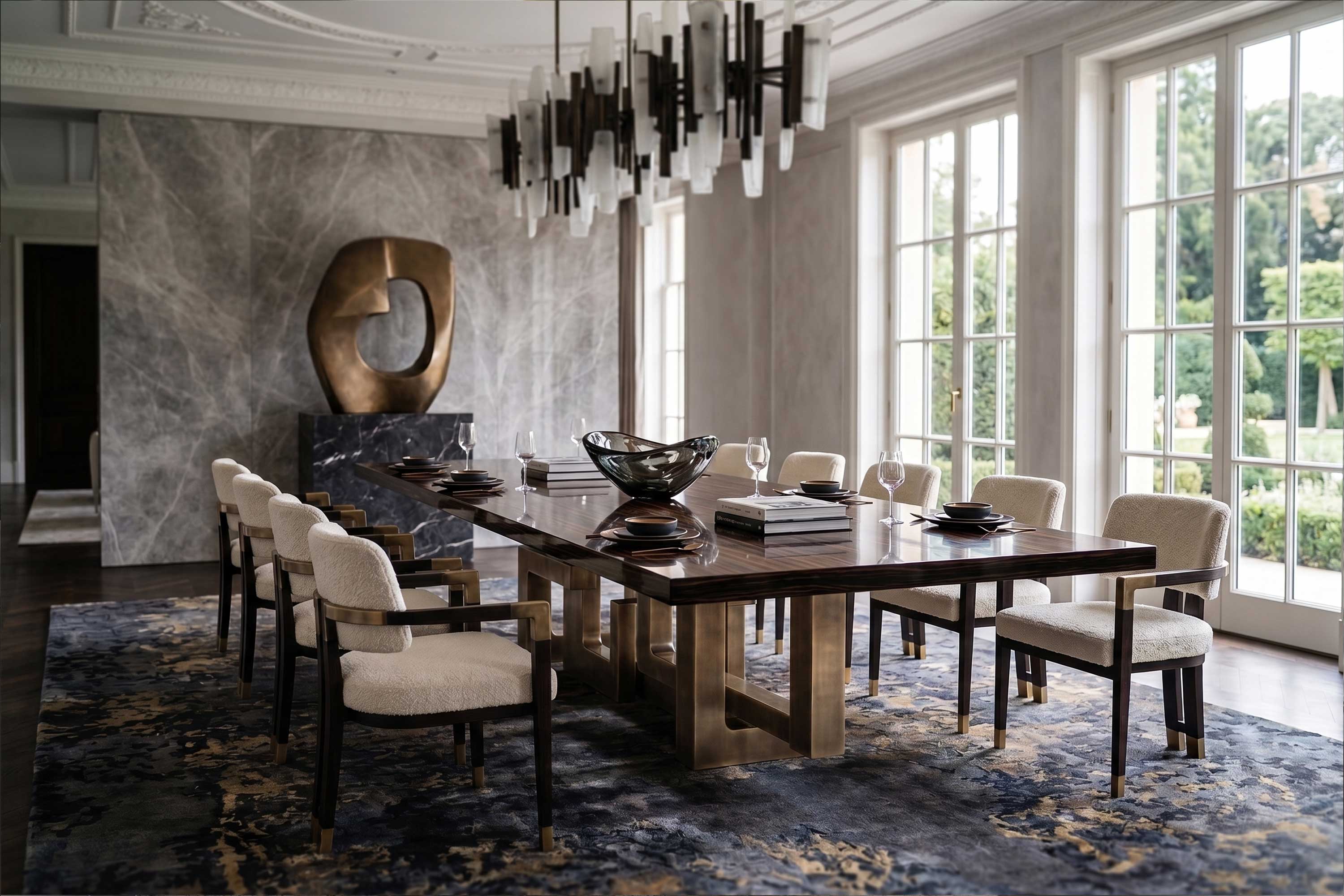 Labirinto Dining Table in patina bronze, sculptural dining table staged in a grand ornate interior with chandelier and classical detailing — Palena Studio