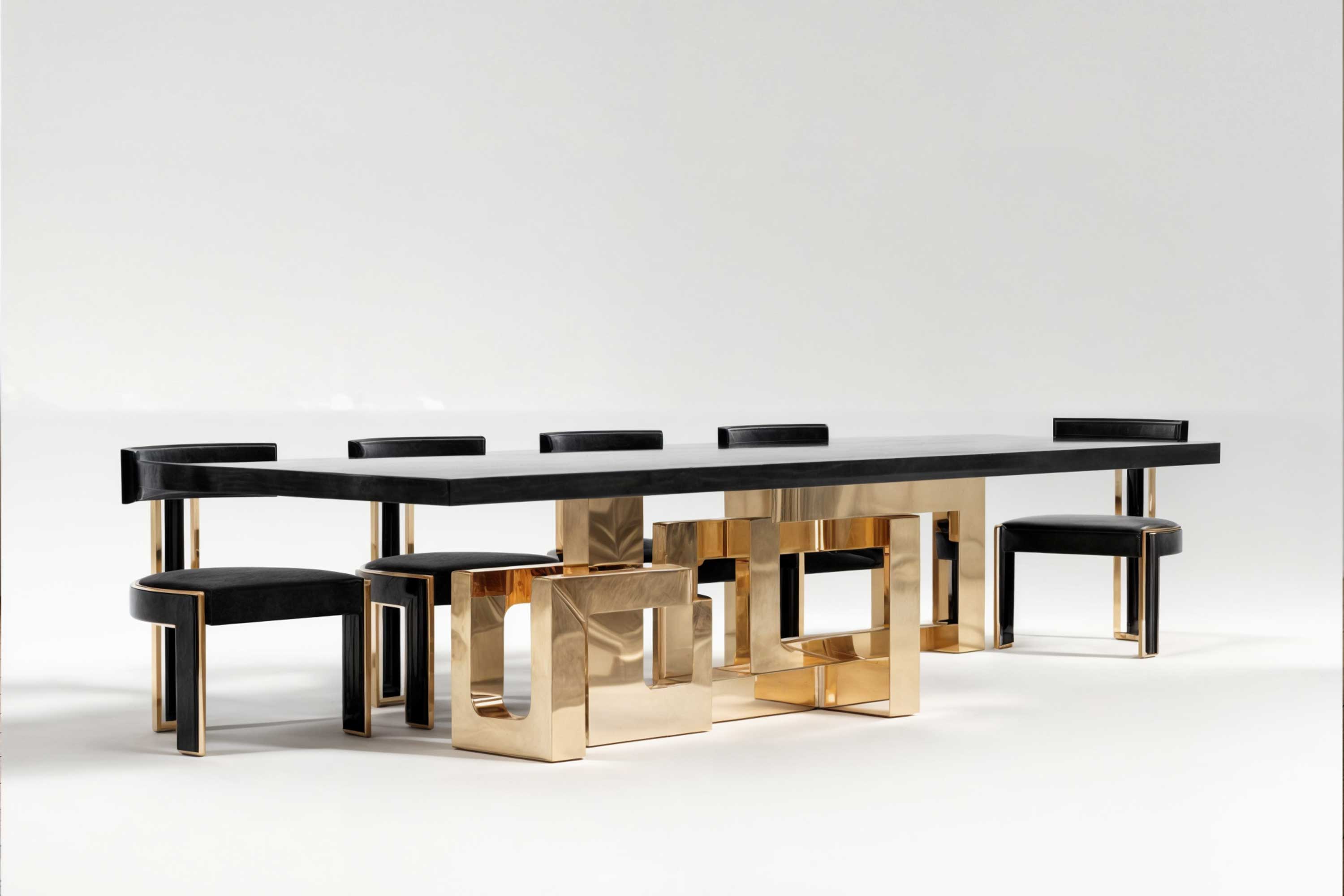 Labirinto Dining Table in polished bronze, sculptural dining table with dining chairs staged in a white studio setup — Palena Studio