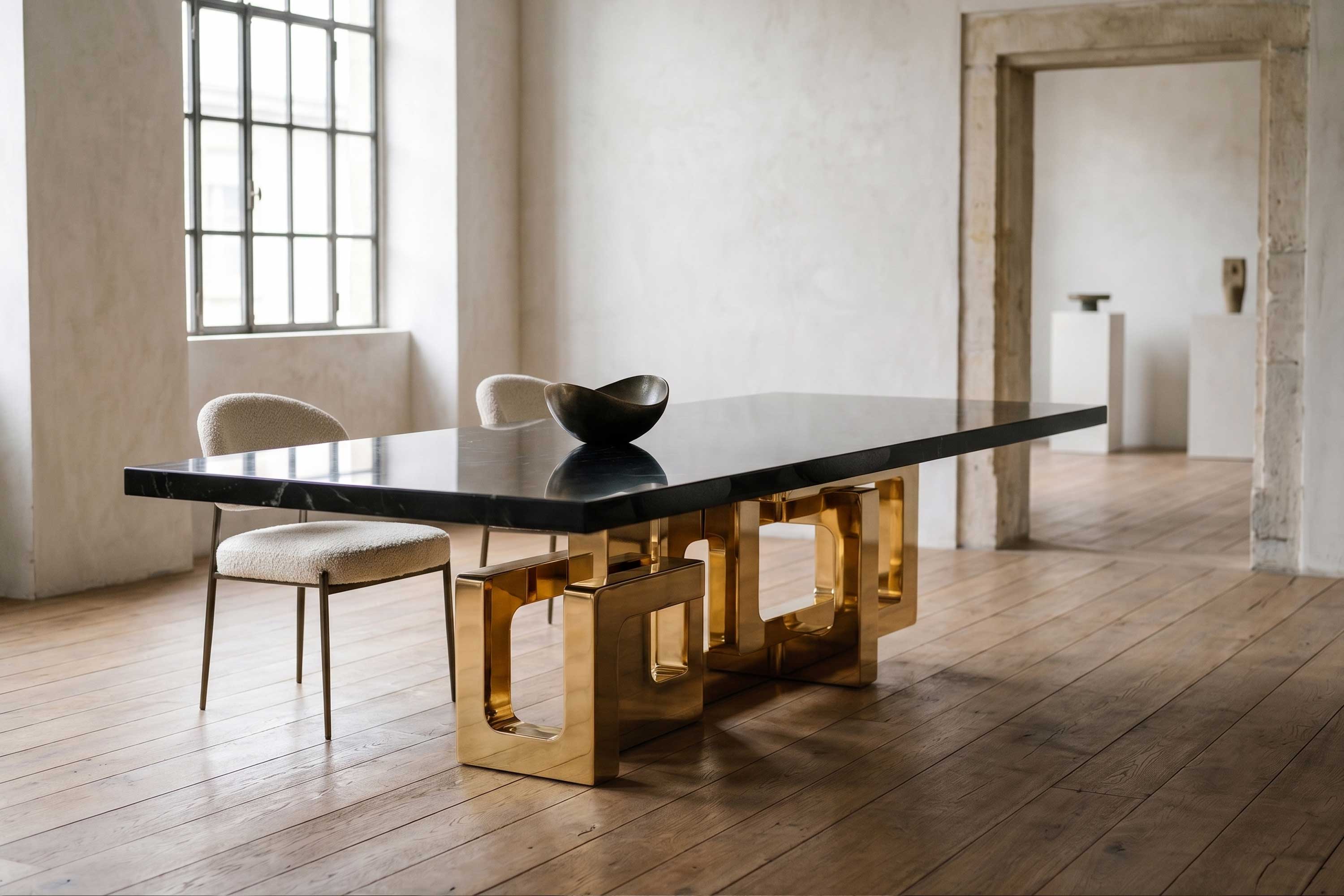 Labirinto Dining Table in polished bronze, sculptural dining table staged in a antique style room — Palena Studio