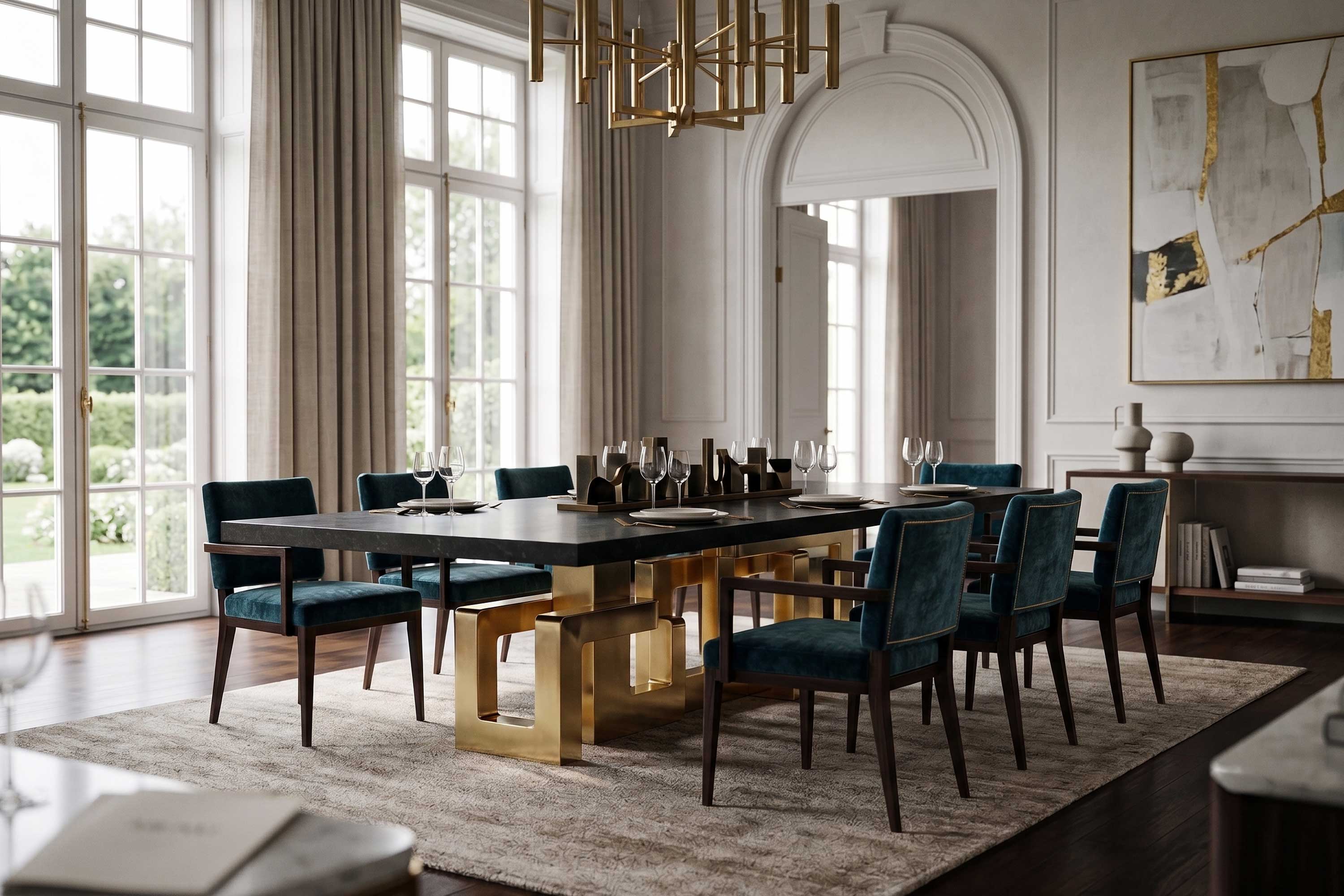 Labirinto Dining Table in patina bronze, sculptural maze-base dining table staged in a bright minimal interior with arched openings — Palena Studio