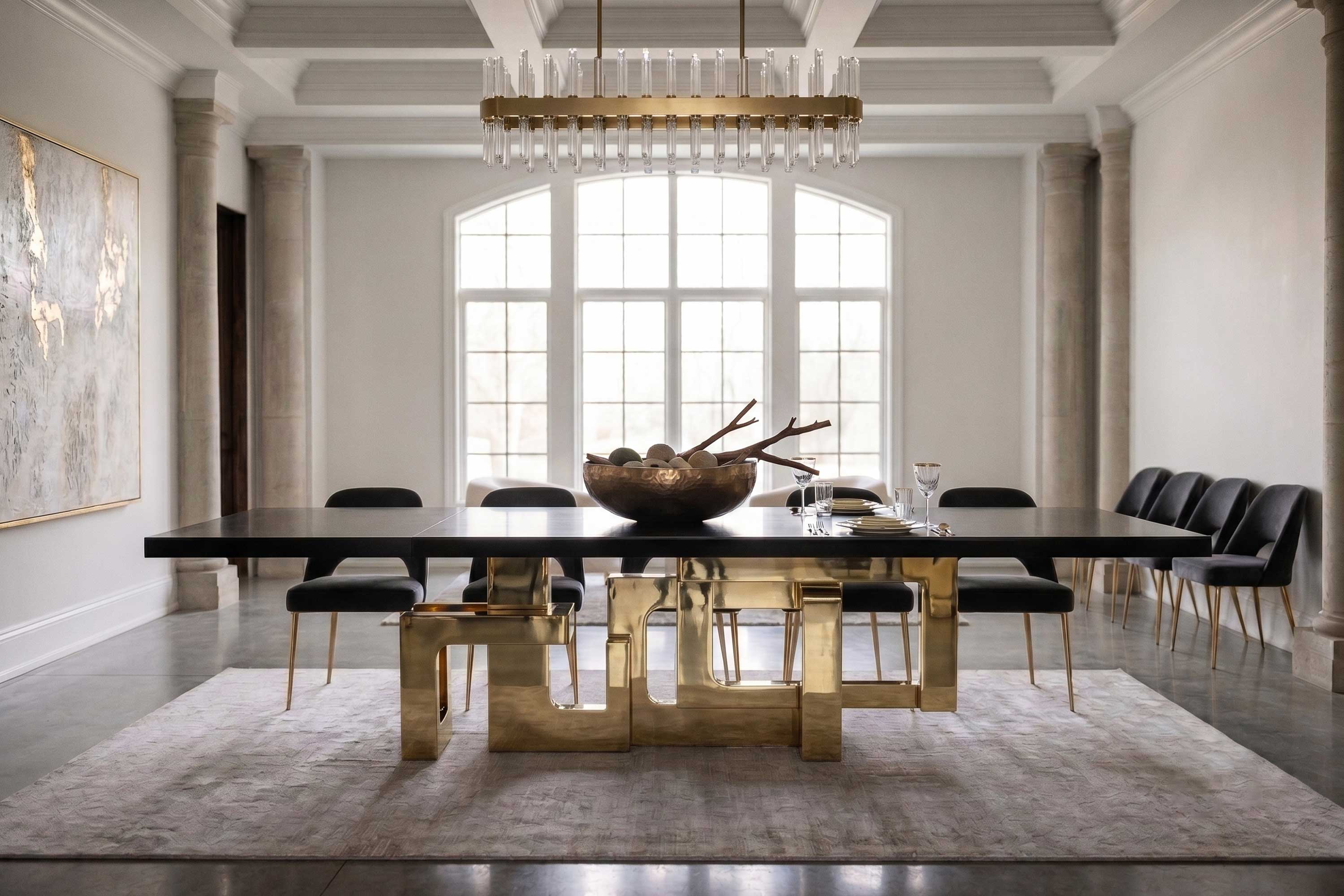 Labirinto Dining Table in polished bronze, sculptural maze-base dining table staged in a bright refined interior with chandelier — Palena Studio