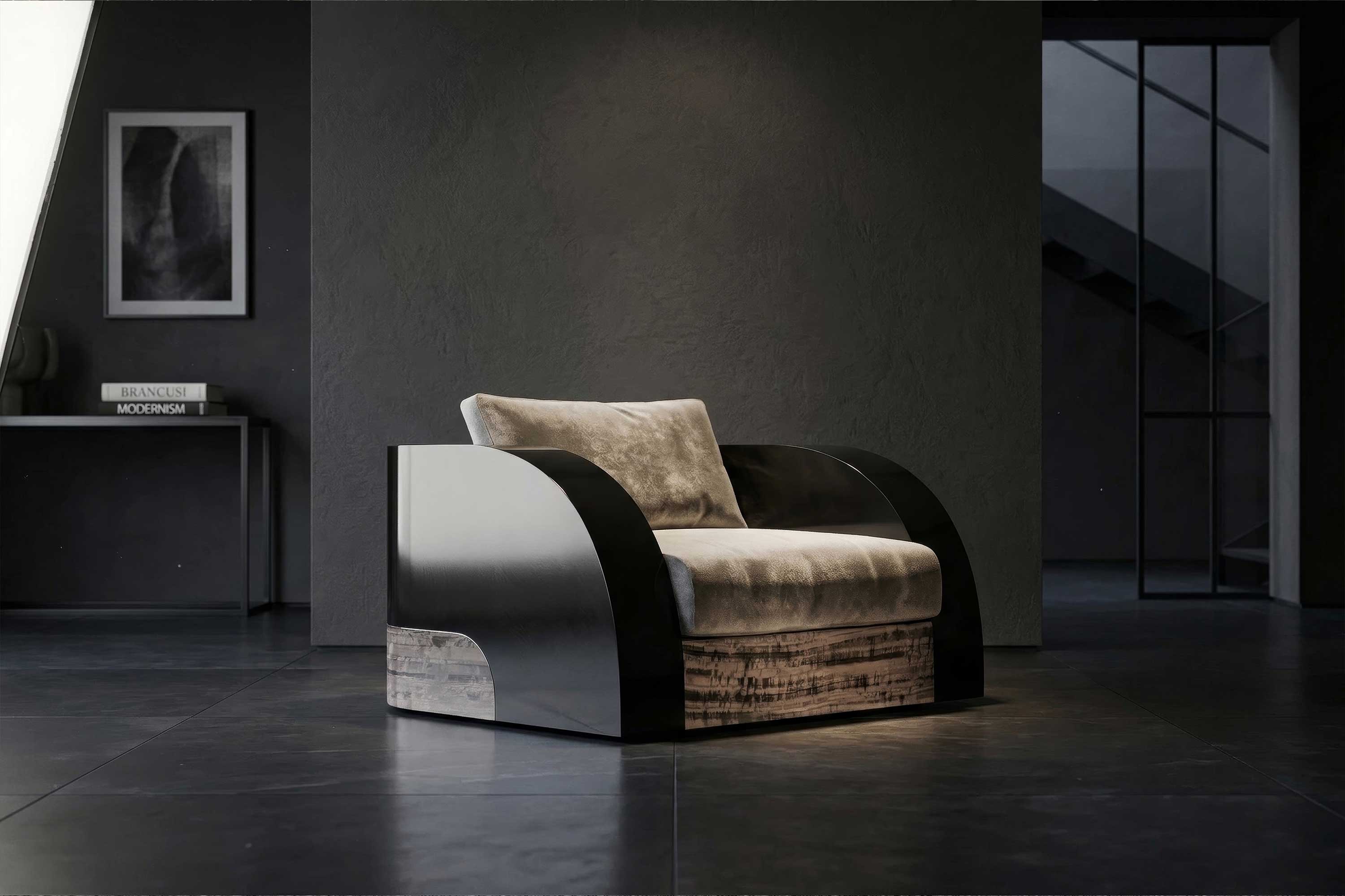 Magno Lounge Chair, sculptural luxury lounge chair staged in a dark moody editorial interior — Palena Studio