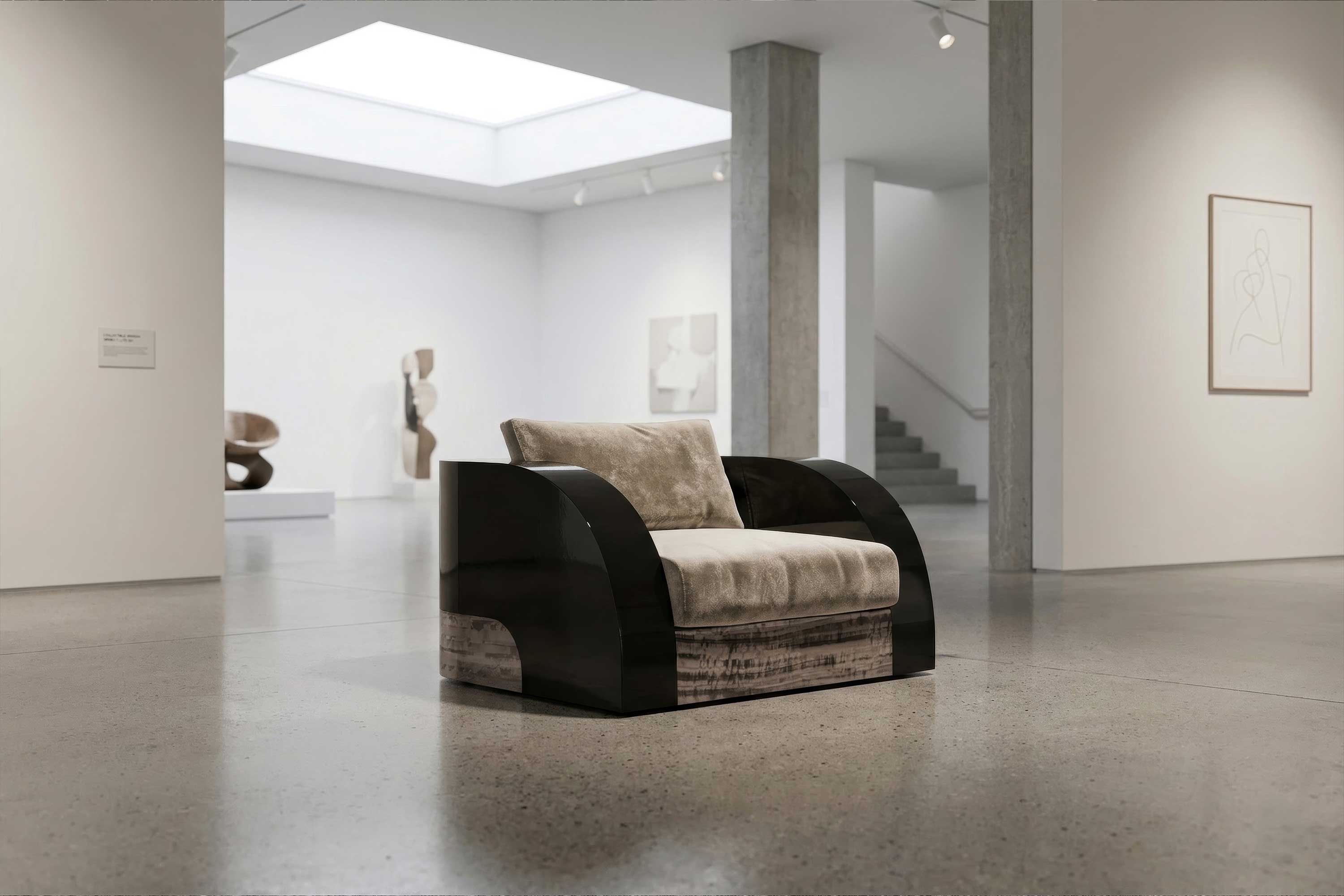 Magno Lounge Chair, sculptural luxury lounge chair staged in a bright skylit contemporary interior — Palena Studio