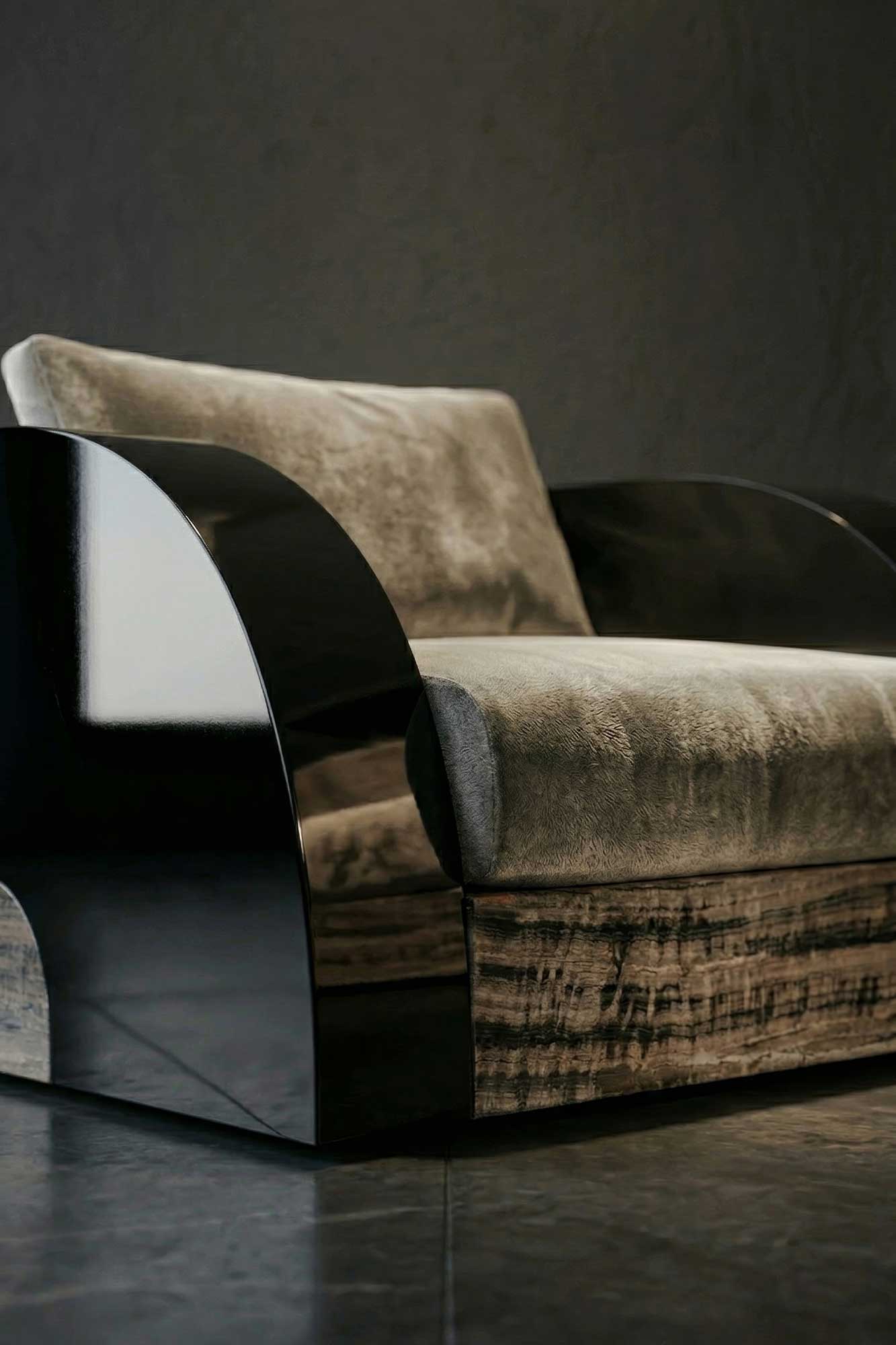 Magno Lounge Chair in textured upholstery, sculptural luxury lounge chair staged against a dark editorial backdrop — Palena Studio