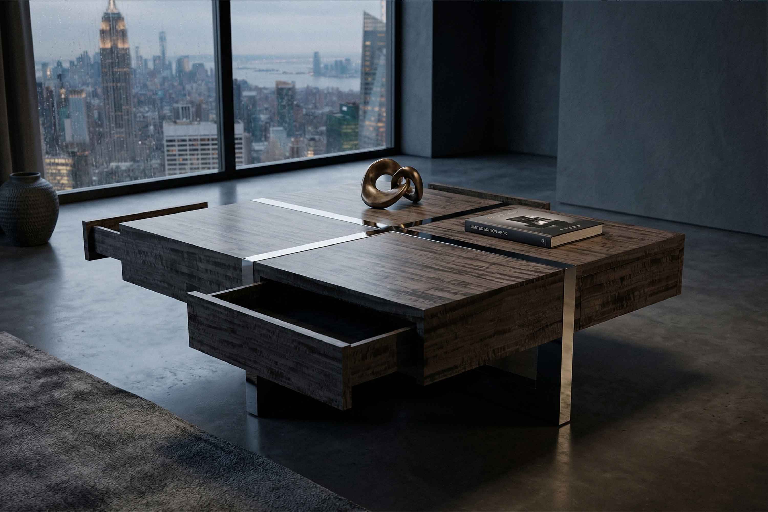 A modern coffee table with a geometric design features an open drawer, a decorative sculpture, and a book. Large windows reveal a city skyline with tall buildings, and a vase sits on the floor nearby.