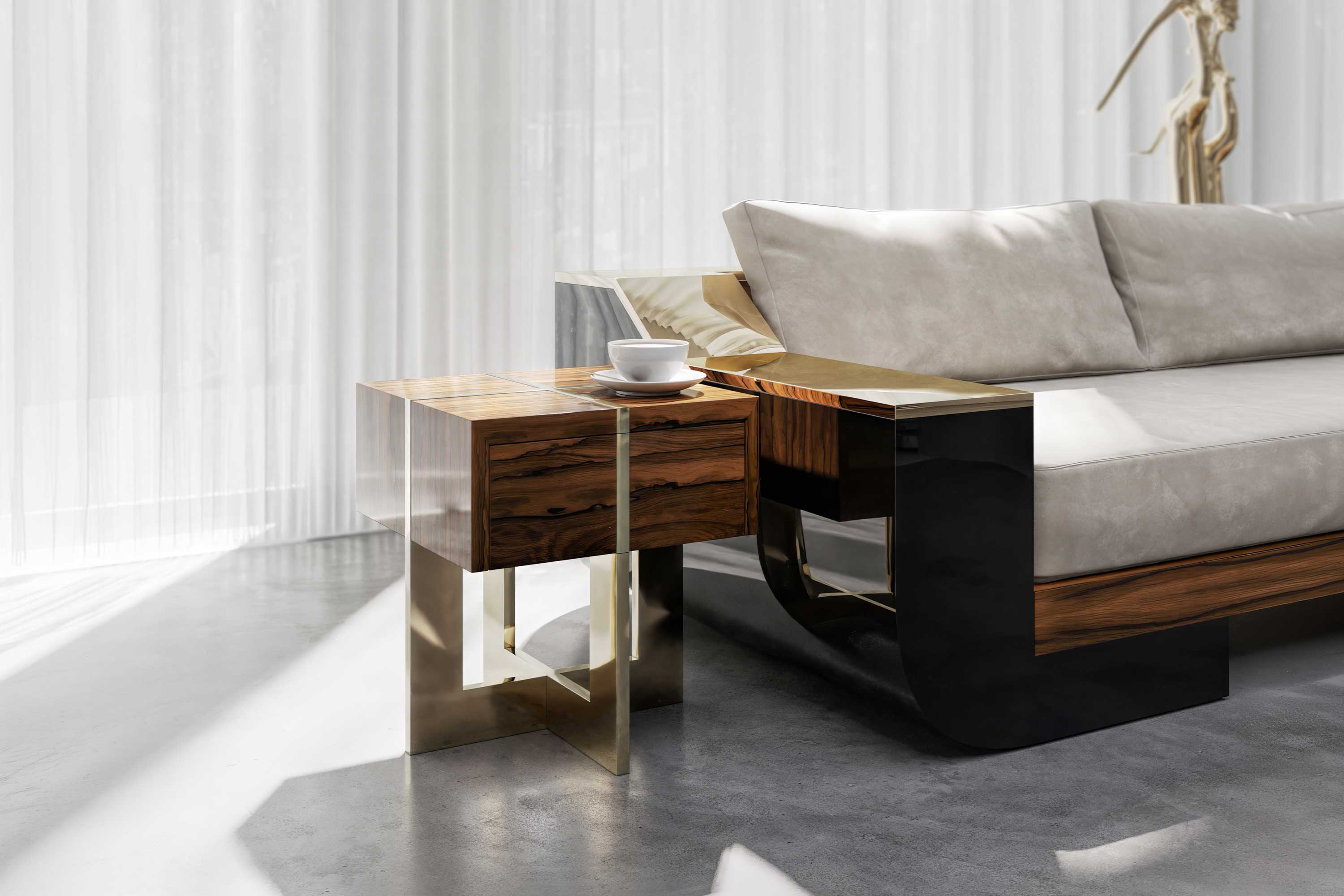 Majore Side Table in bronze, sculptural luxury side table staged in a soft neutral contemporary interior, Palena Studio