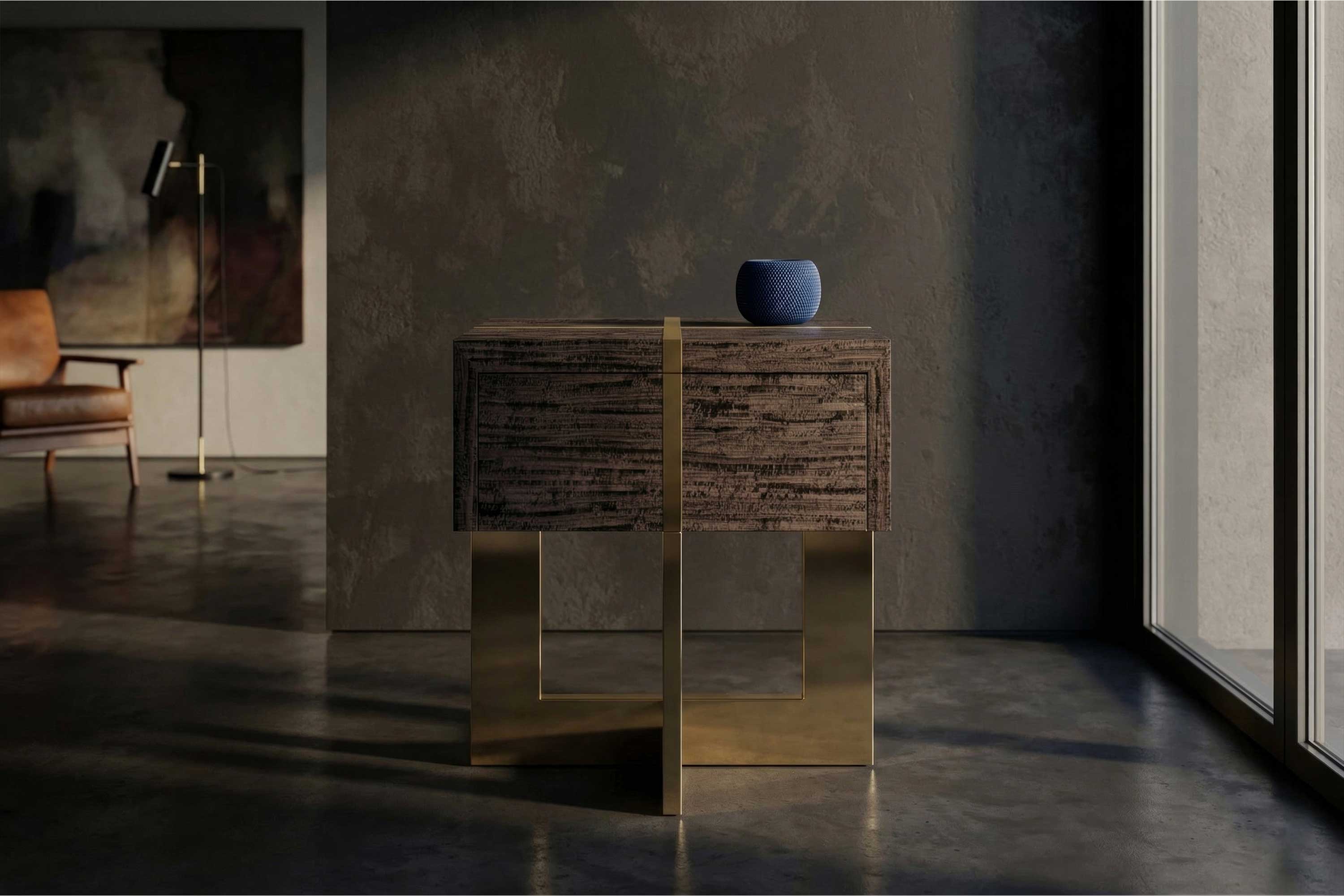 Majore Side Table in dark bronze with stone top, sculptural side table staged in a warm dark editorial interior, Palena Studio