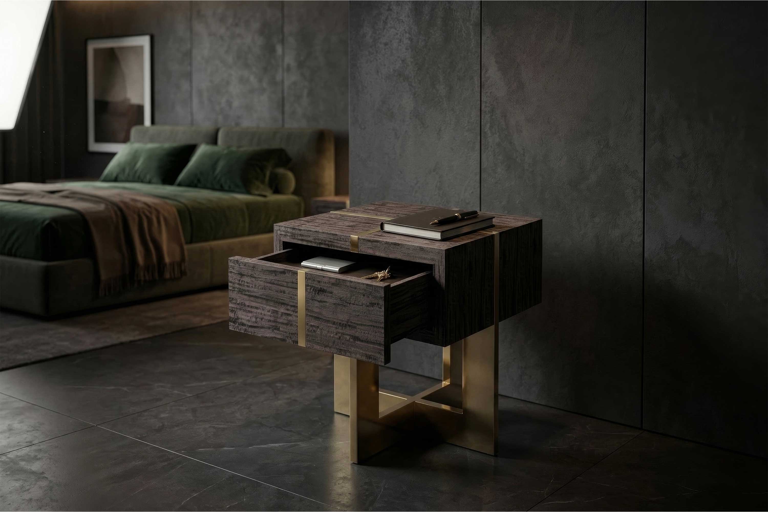 Majore Side Table in dark bronze, sculptural side table staged in a dark moody interior with rich layered tones, Palena Studio