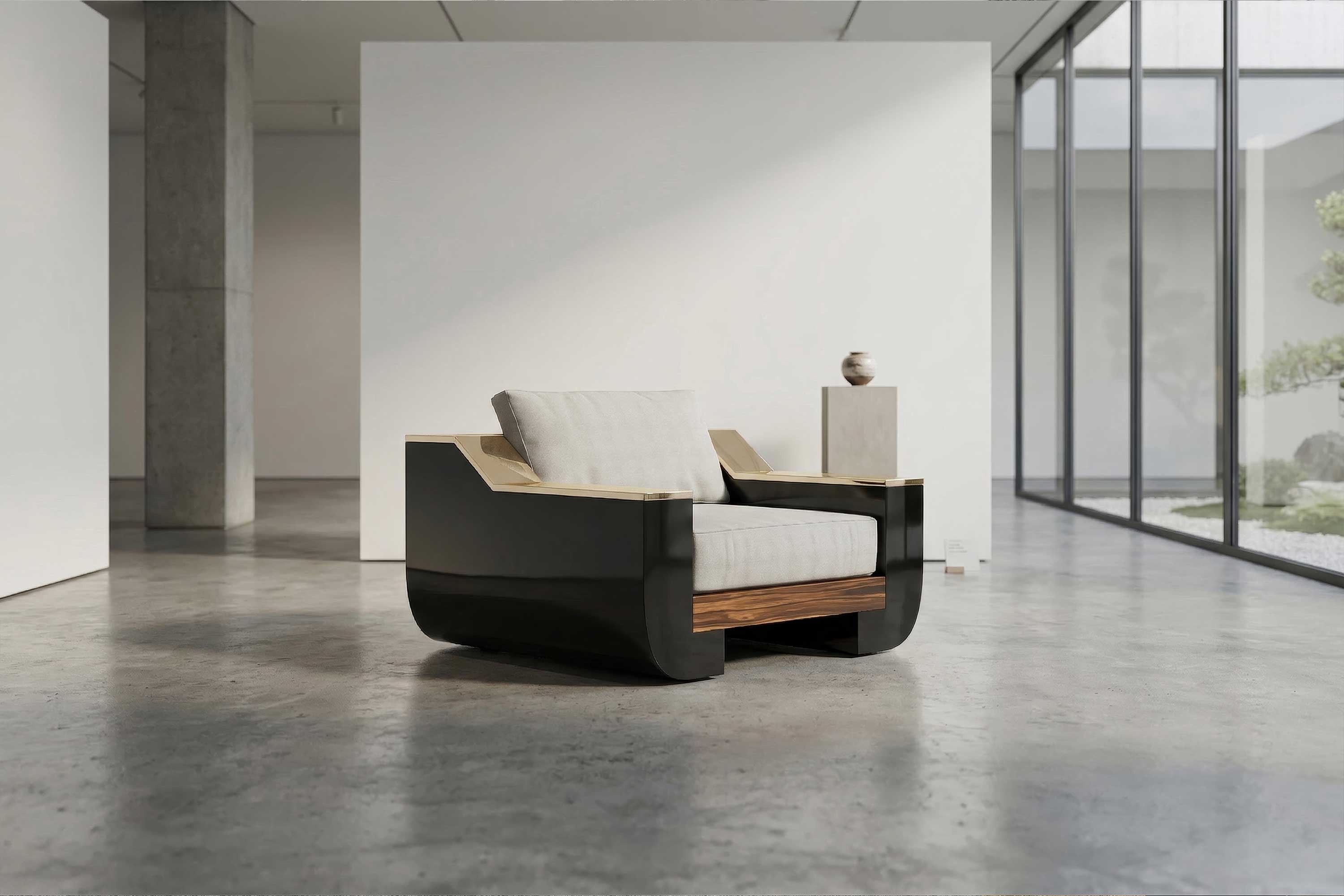 MeilleurNom Lounge Chair, sculptural luxury armchair staged in a spacious minimal interior with large windows — Palena Studio