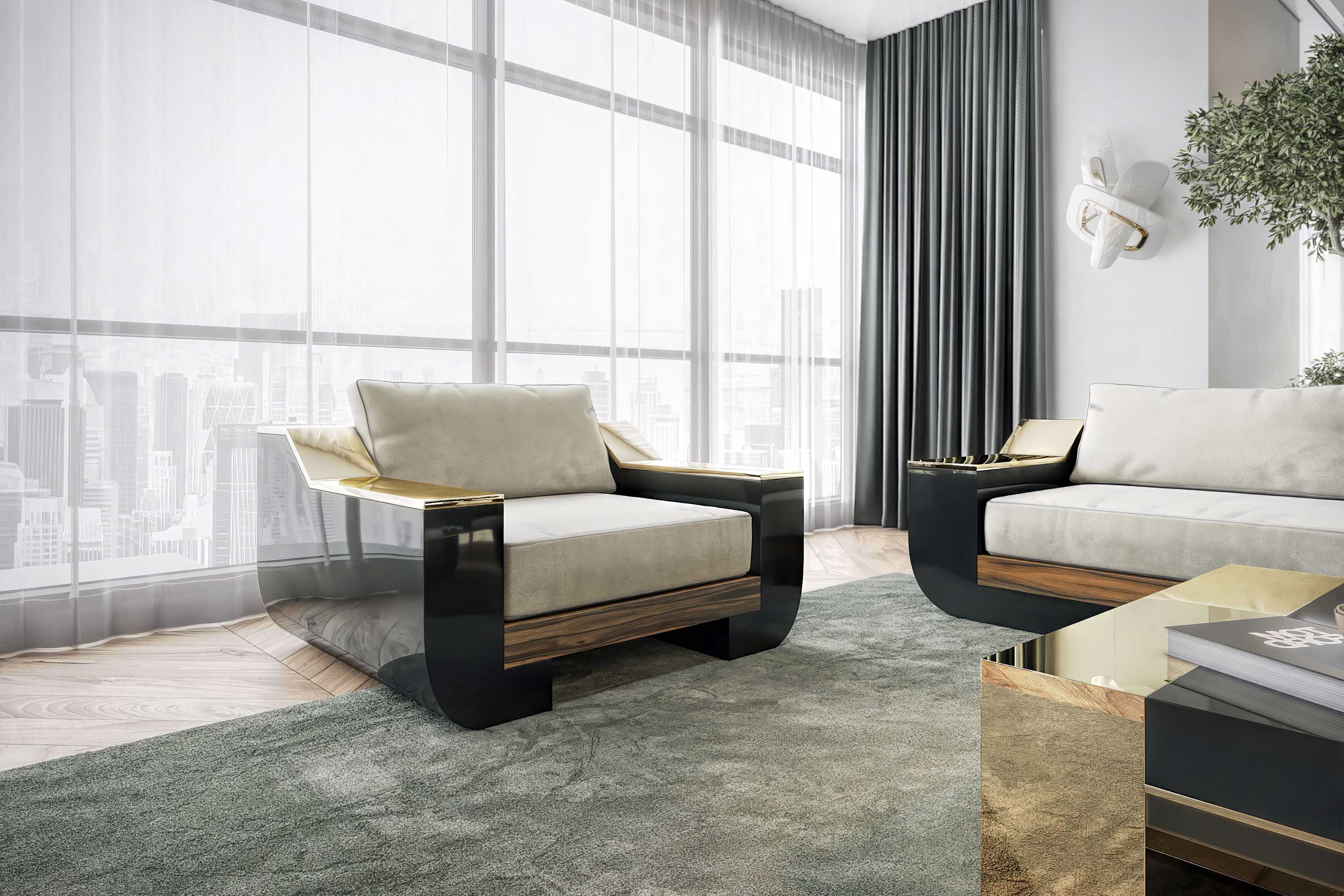 MeilleurNom Lounge Chair, sculptural luxury armchair staged in a wide light-filled contemporary living space — Palena Studio