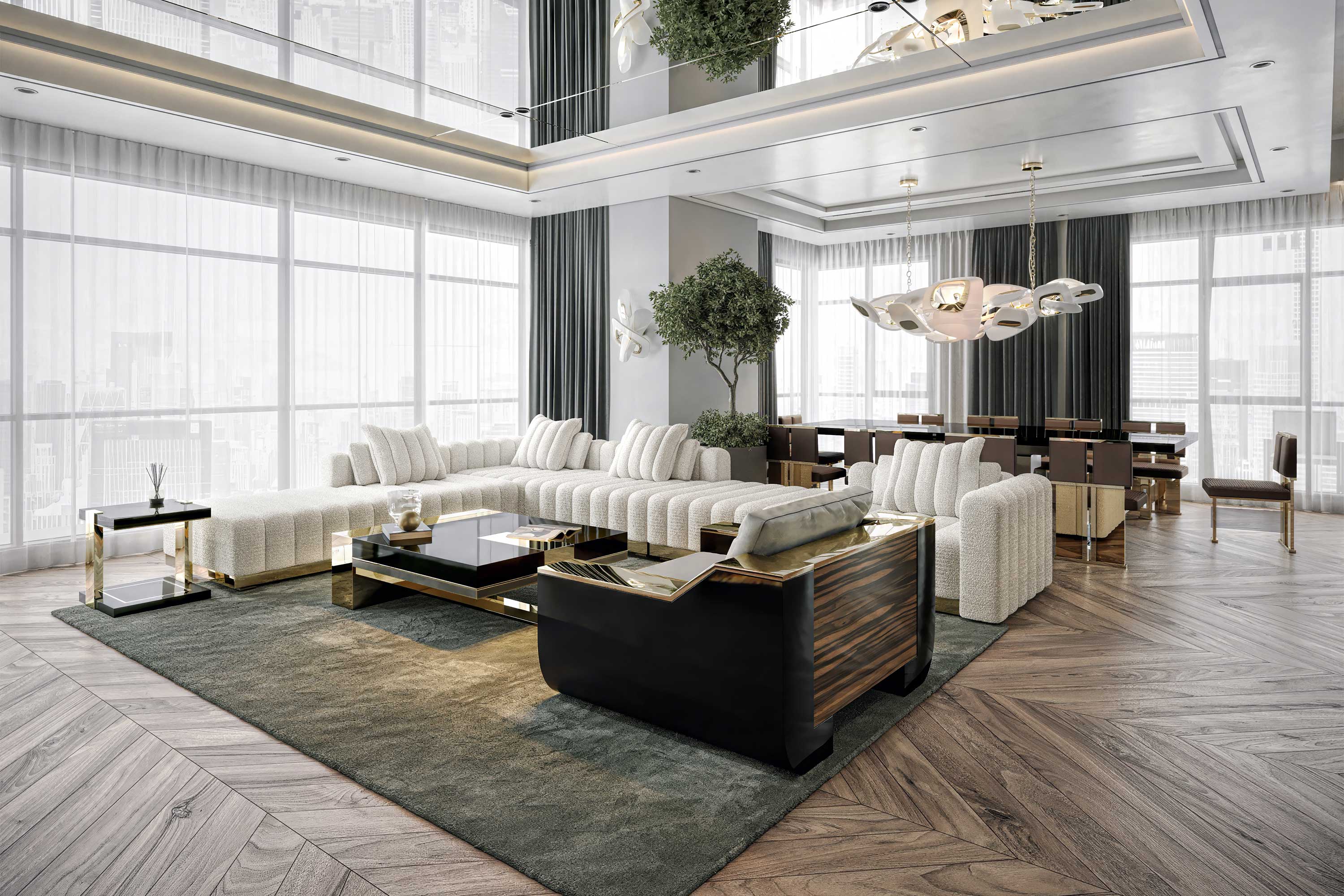 MeilleurNom Lounge Chair, sculptural luxury armchair staged in a bright open-plan contemporary living interior — Palena Studio