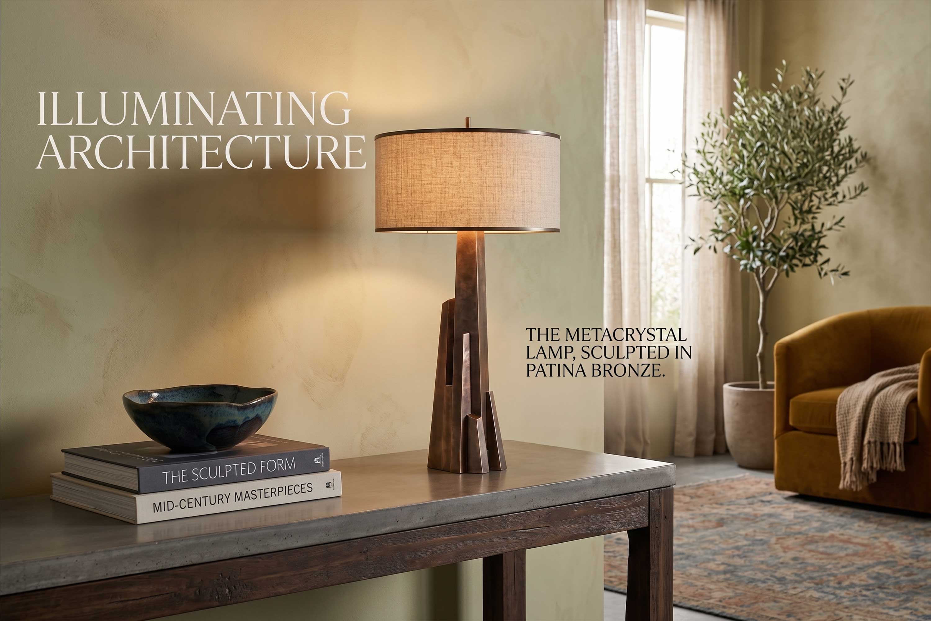 MetaCrystal Table Lamp in bronze and crystal, sculptural table lamp staged in a bright contemporary interior with architectural furniture, Palena Studio