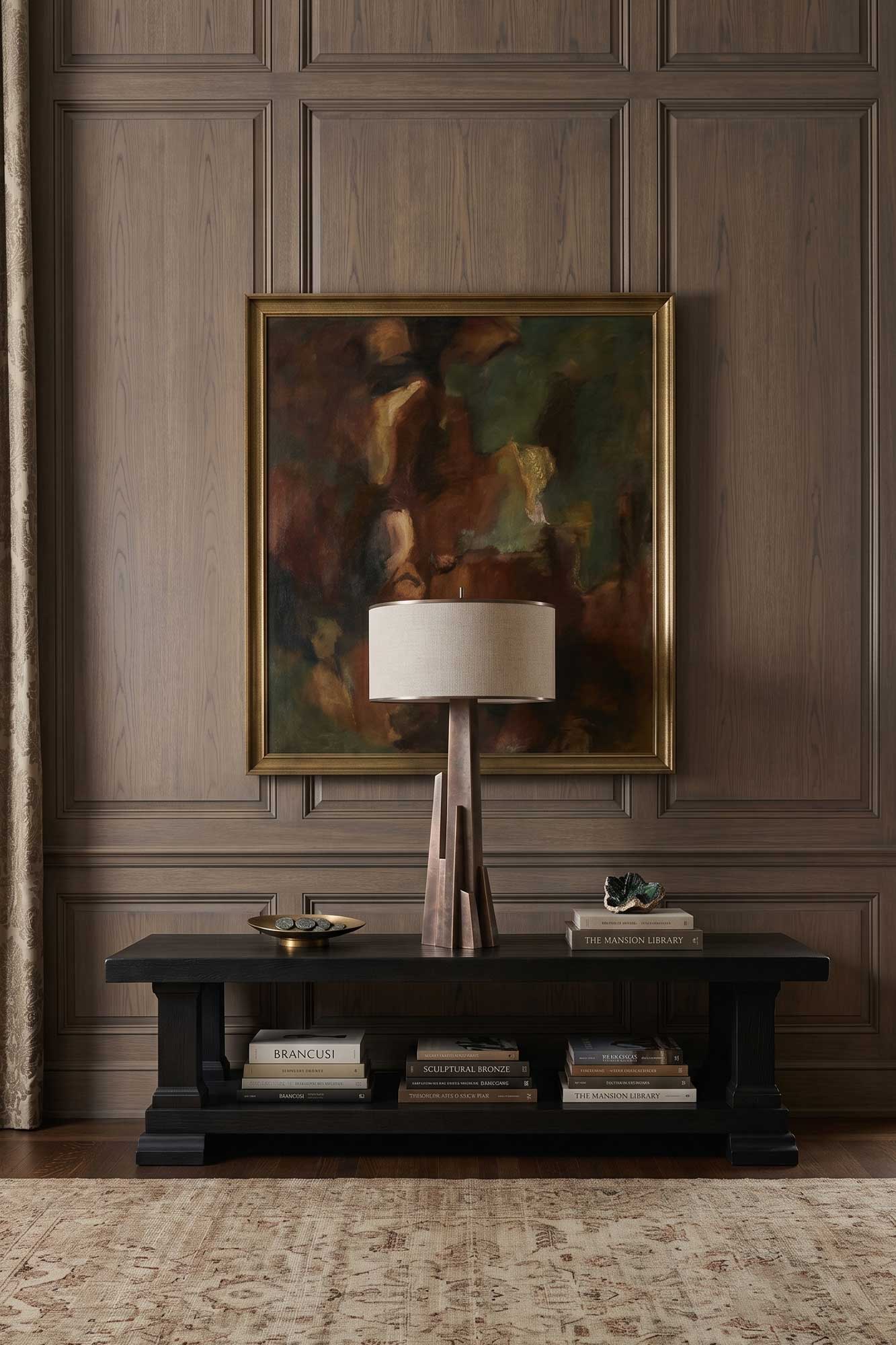 Meta Crystal Table Lamp by Palena Studio, sculptural table lamp in patina bronze, shown in a styled setting