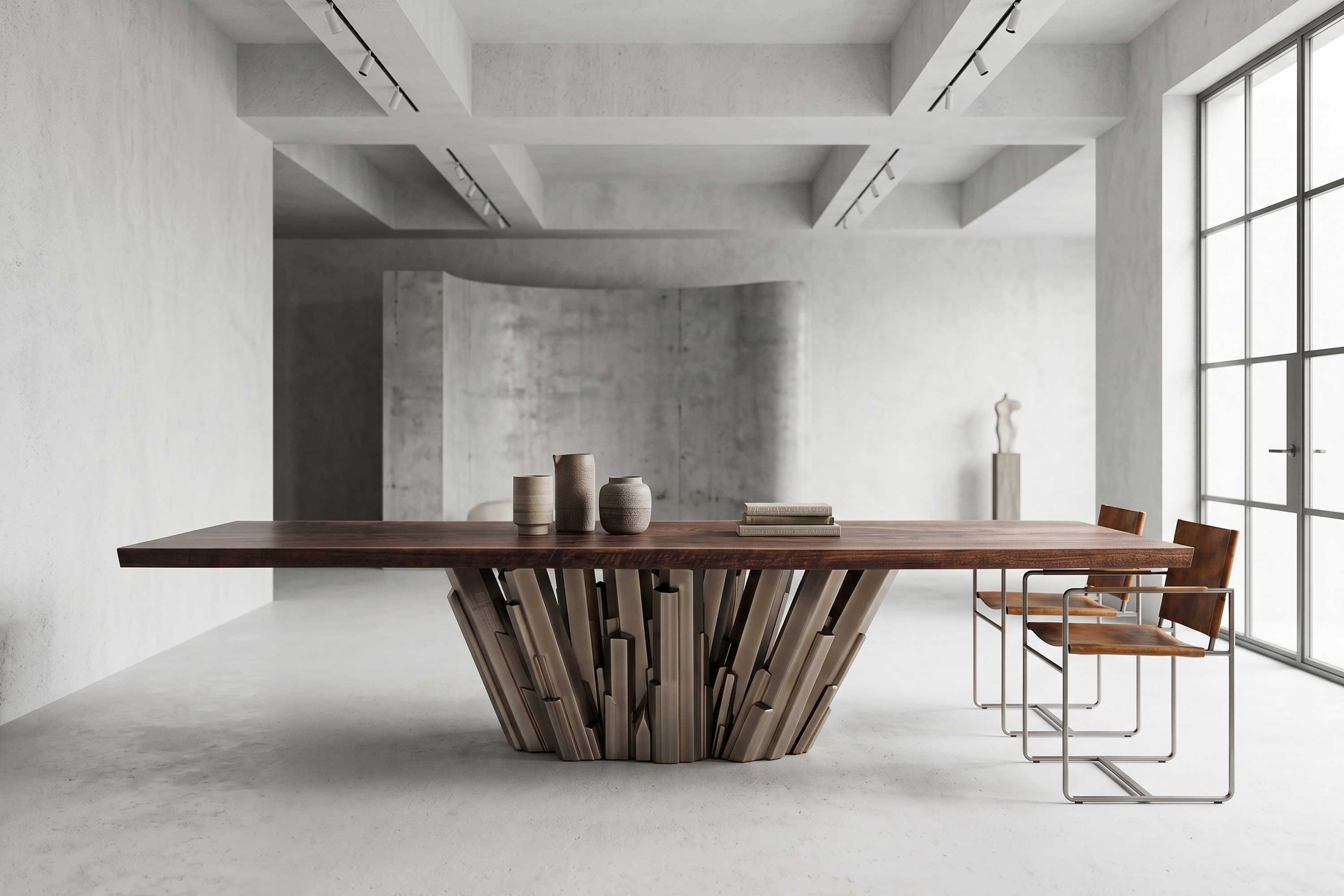 Meta Crystal Dining Table in patina bronze, sculptural luxury dining table staged in a bright open contemporary dining space — Palena Studio