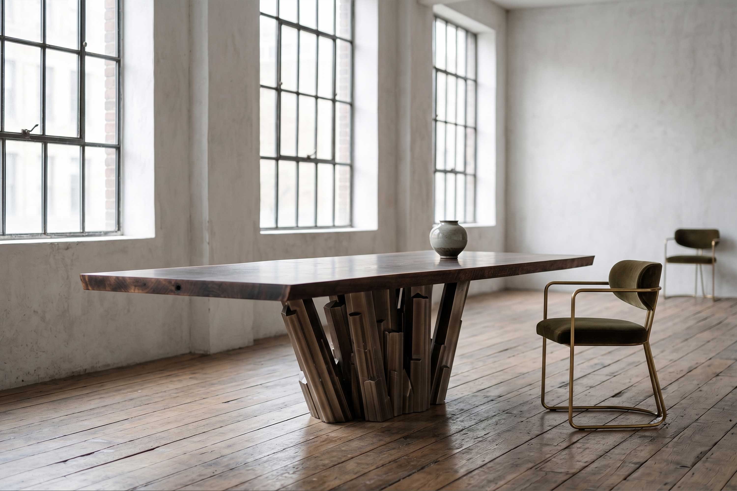 Meta Crystal Dining Table in patina bronze, sculptural luxury dining table staged in a bright minimal contemporary interior — Palena Studio