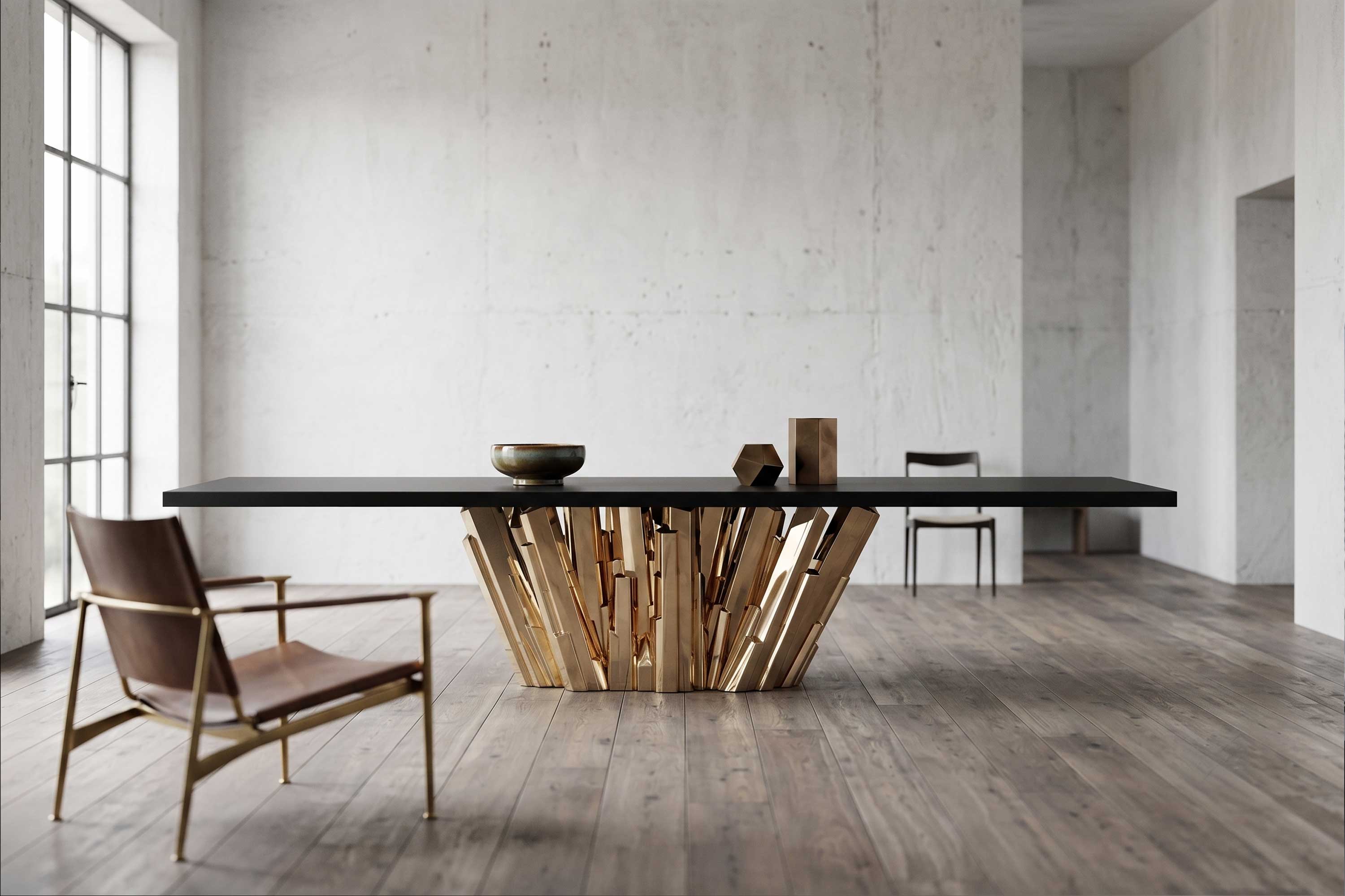 Meta Crystal Dining Table in polished bronze, sculptural luxury dining table staged in a bright minimal interior with pendant lighting — Palena Studio