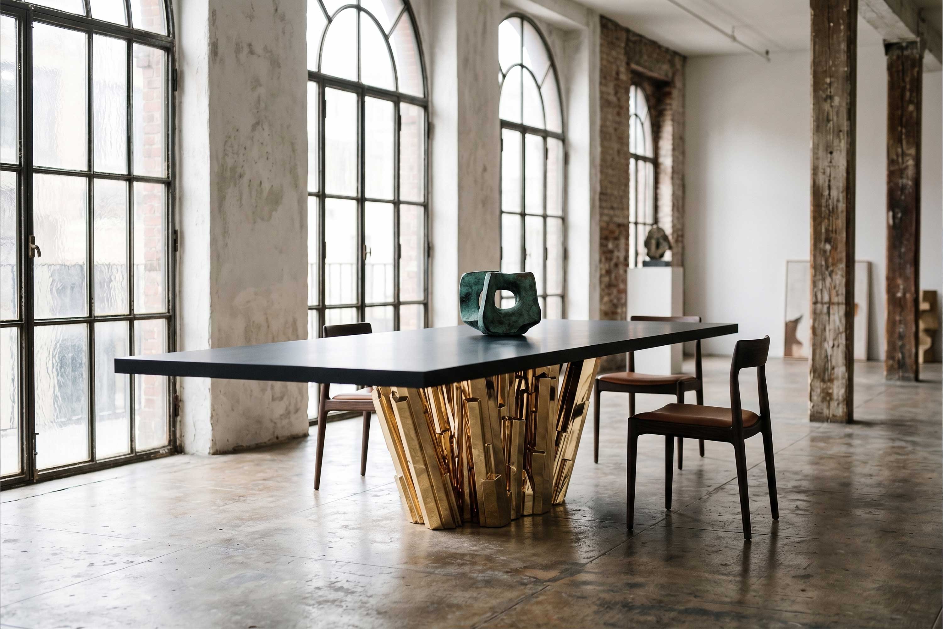 Meta Crystal Dining Table in polished bronze, sculptural luxury dining table staged in a bright loft interior with large industrial windows — Palena Studio