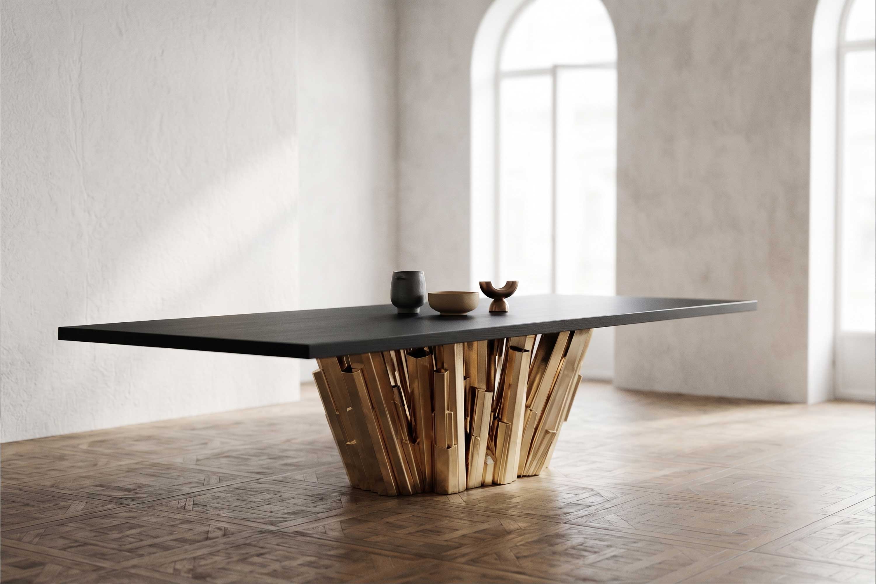 Meta Crystal Dining Table in polished bronze, sculptural luxury dining table staged in a bright minimal interior with arched window detail — Palena Studio