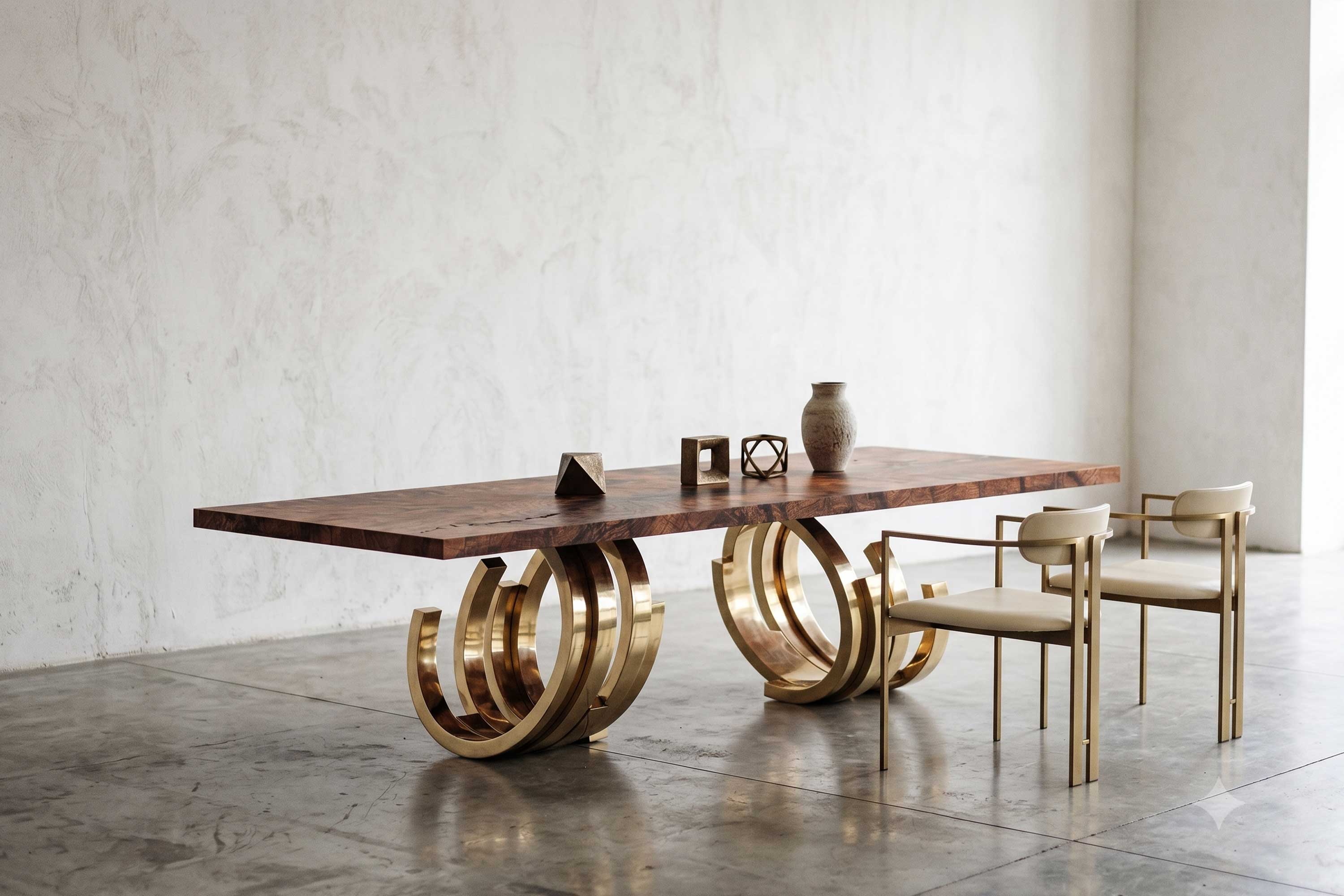 Oculus Dining Table in polished bronze, sculptural oval dining table staged in a refined contemporary interior with fireplace, Palena Studio